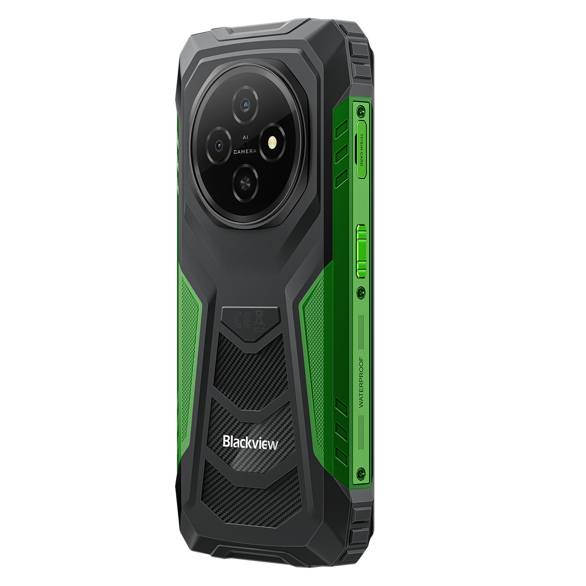 Smartphone robusto con scocca nera e verde, unità fotocamera rotonda.