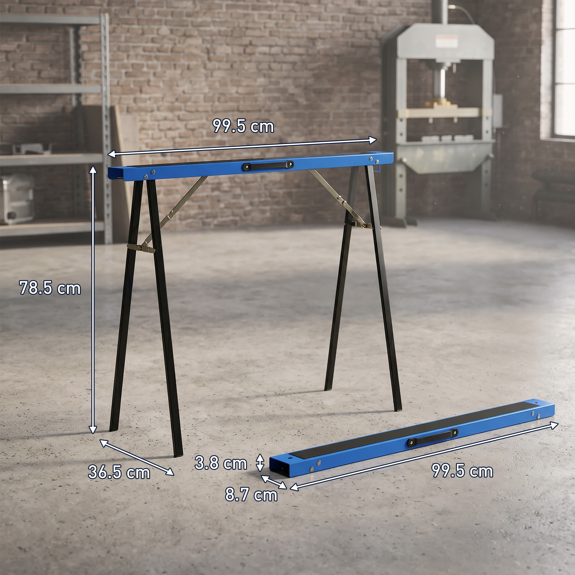 Un cavalletto da officina blu con dimensioni in primo piano. Una pressa sullo sfondo.
