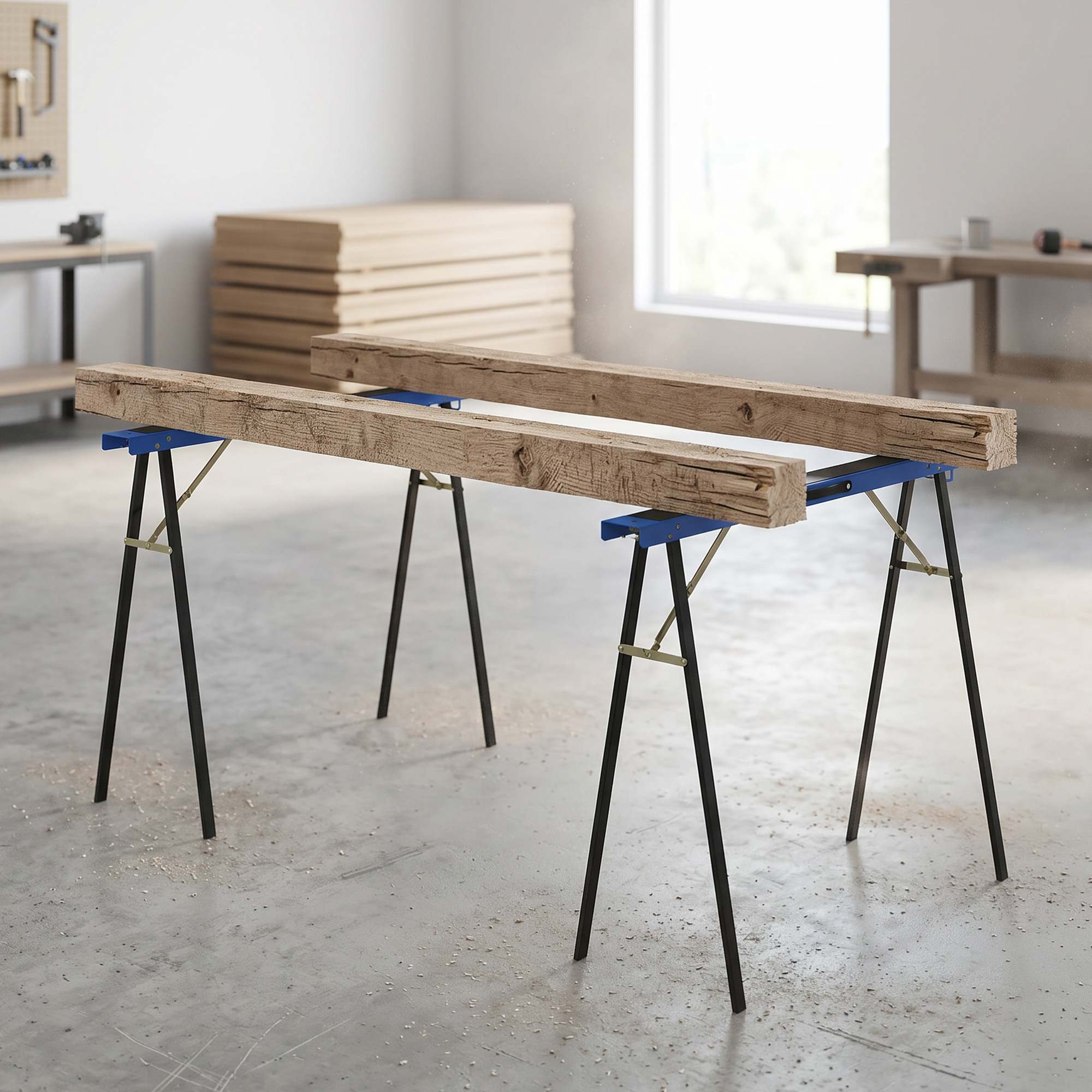 Travi di legno su cavalletti blu in un'officina.