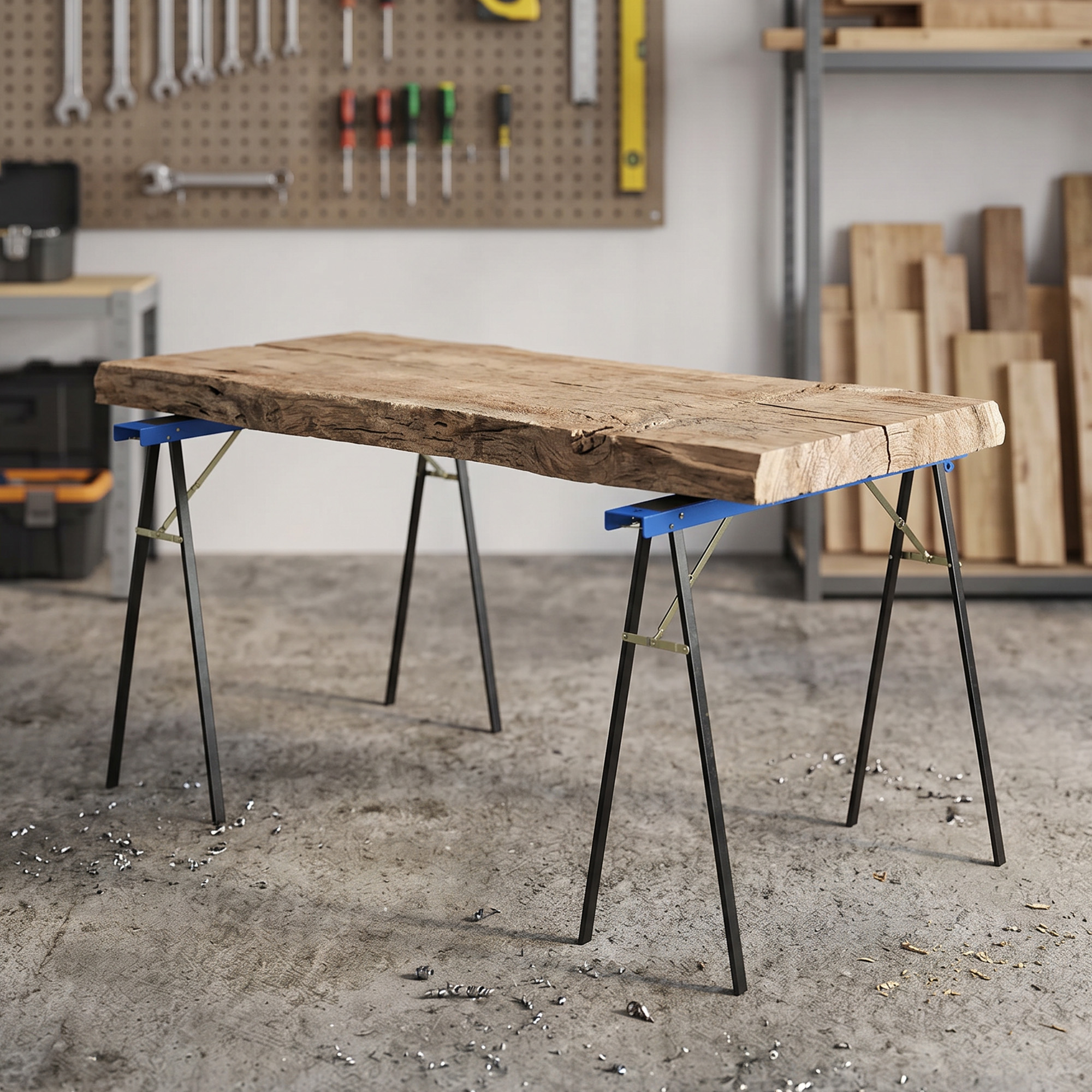 Un tavolo grezzo di legno su cavalletti blu in un'officina.