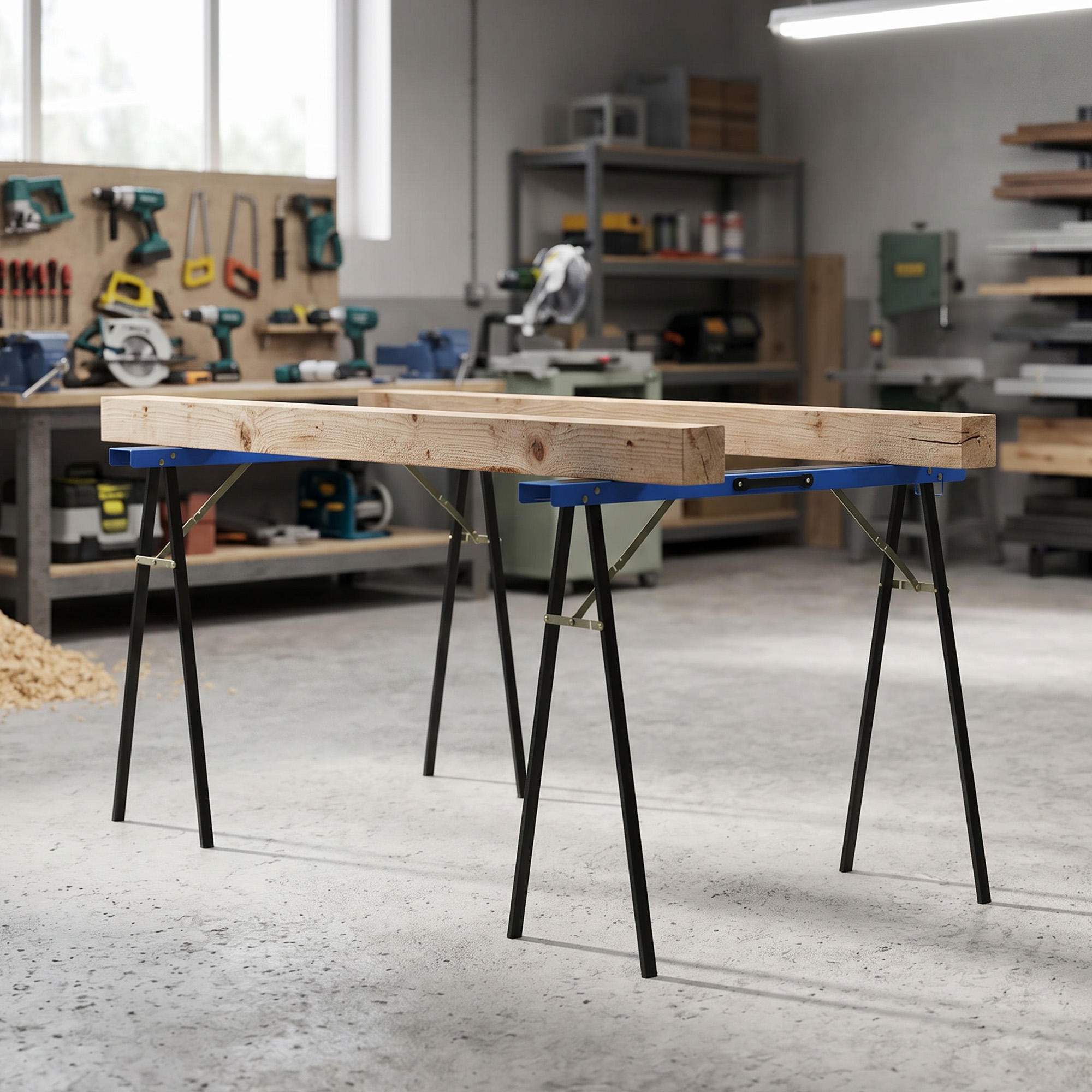 Travi di legno poggiano su cavalletti blu in un laboratorio con attrezzi.