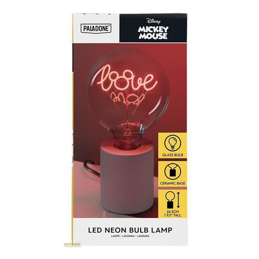 Una lampadina al neon rossa 'love' in vetro su base in ceramica.