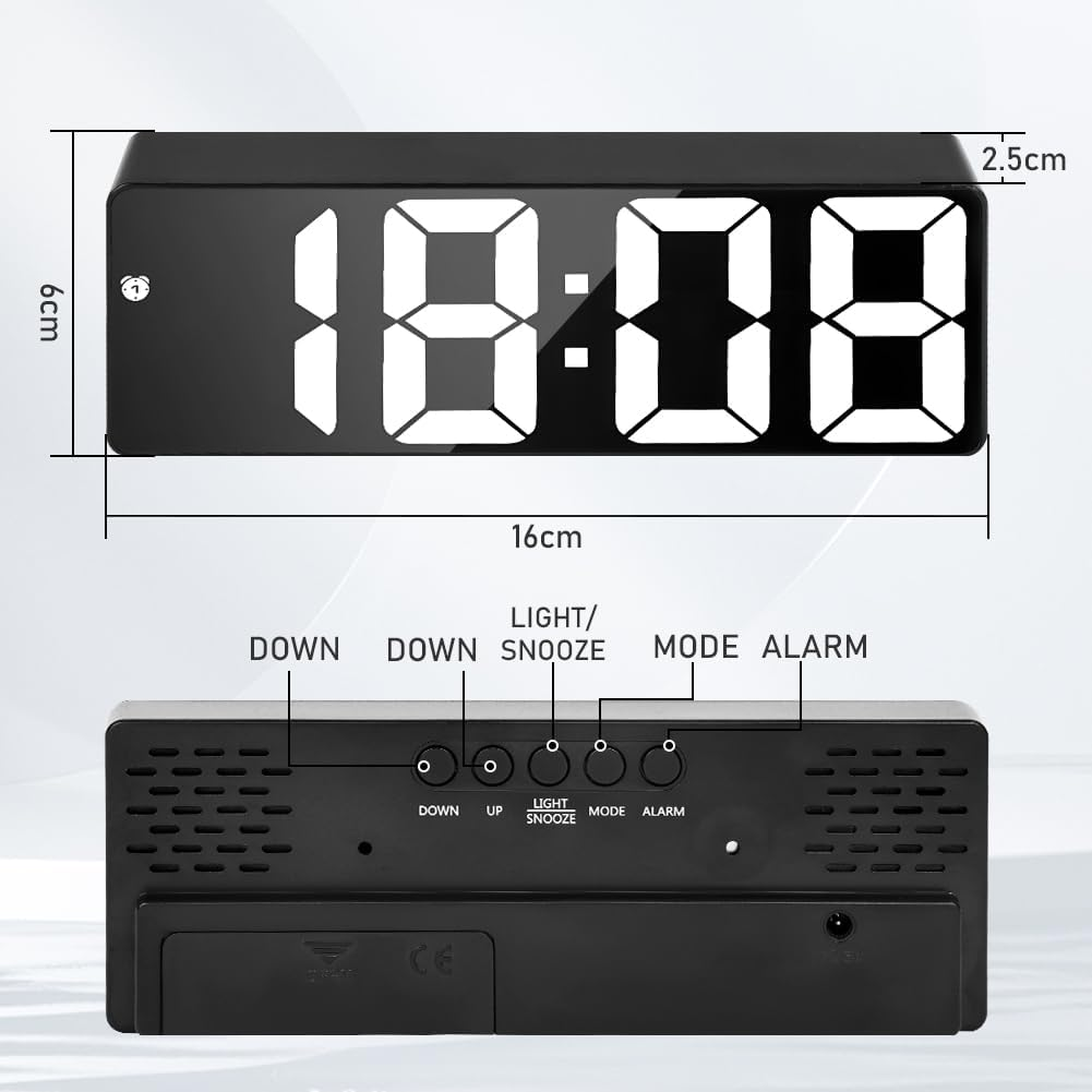 Digitaluhr Abmessungen: 16cm B, 6cm H, 2,5cm T. Tasten: DOWN, UP, LIGHT/SNOOZE, MODE, ALARM.