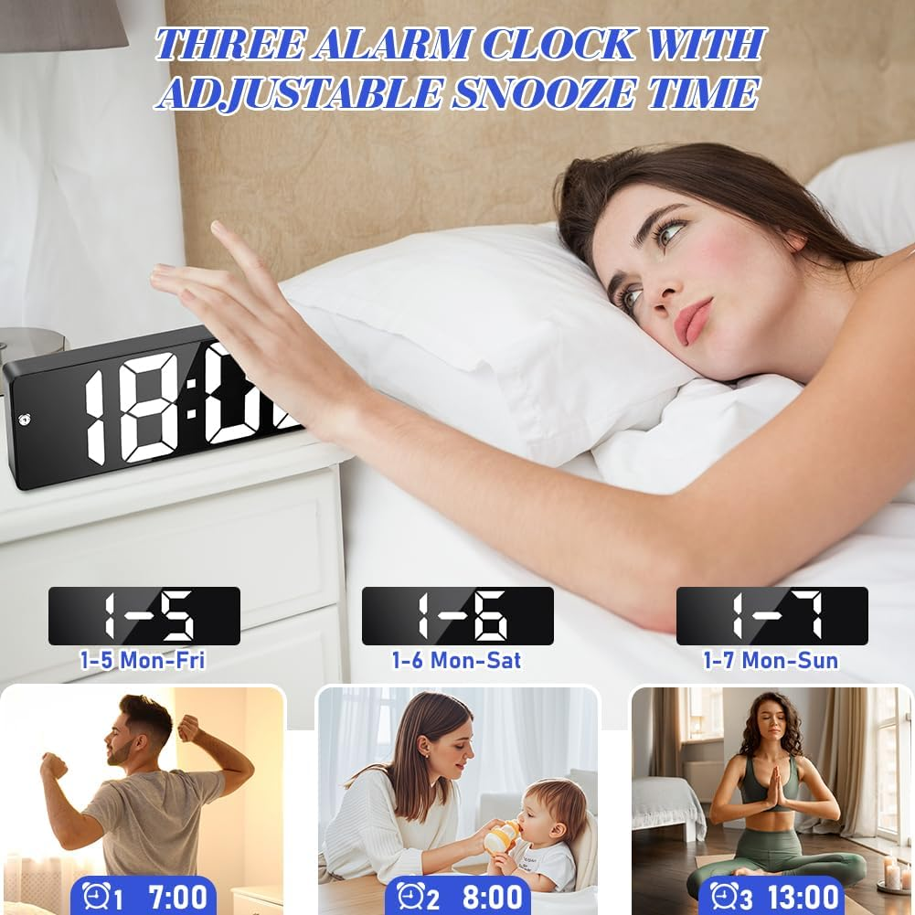 Frau im Bett neben einem digitalen Wecker, der 18:00 Uhr anzeigt.
