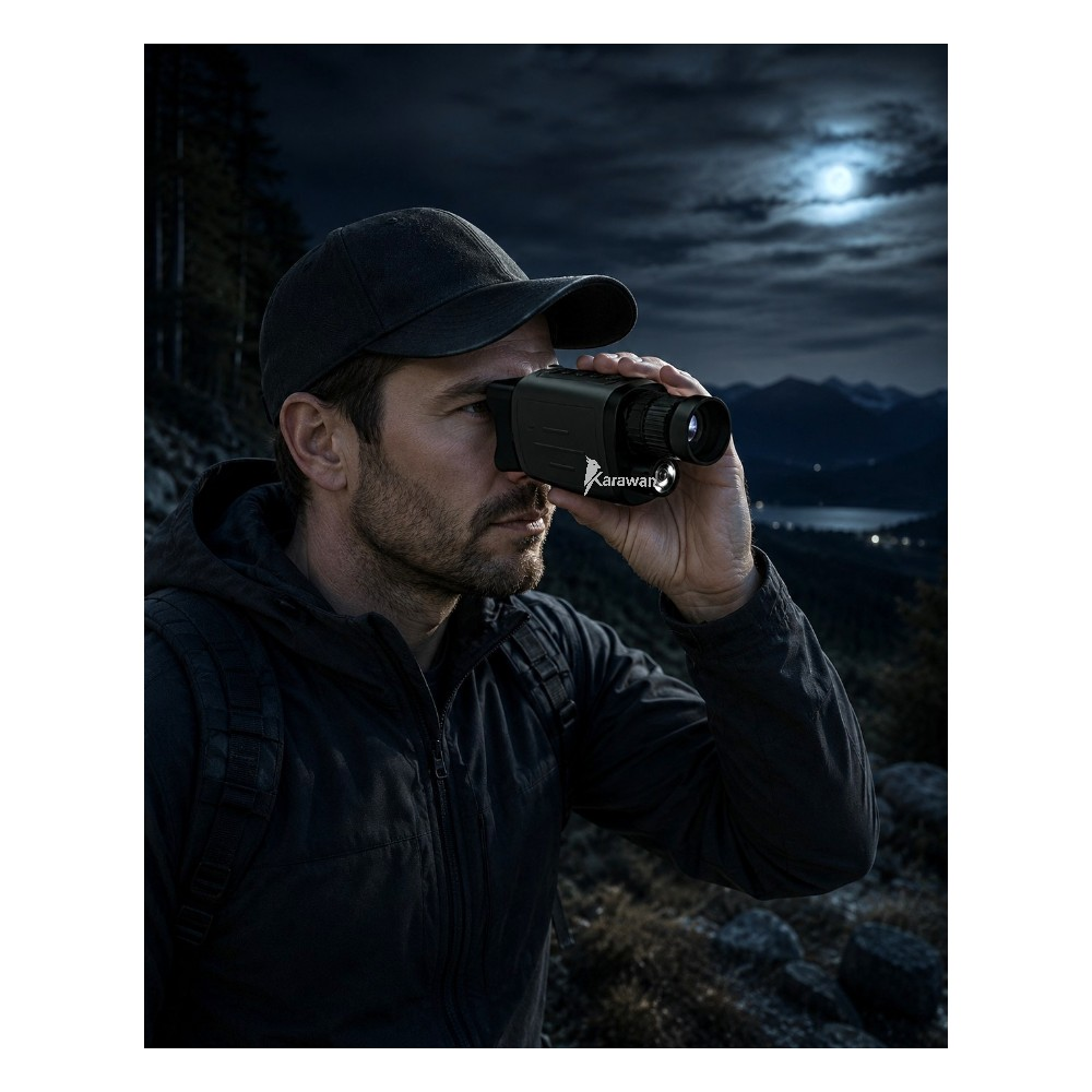 Hombre con dispositivo de visión nocturna mira un paisaje iluminado por la luna con montañas y lago.