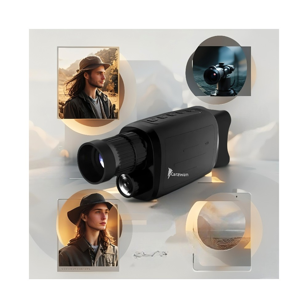Dispositivo de visión nocturna negro con tres imágenes pequeñas: hombre con sombrero, mira y paisaje.