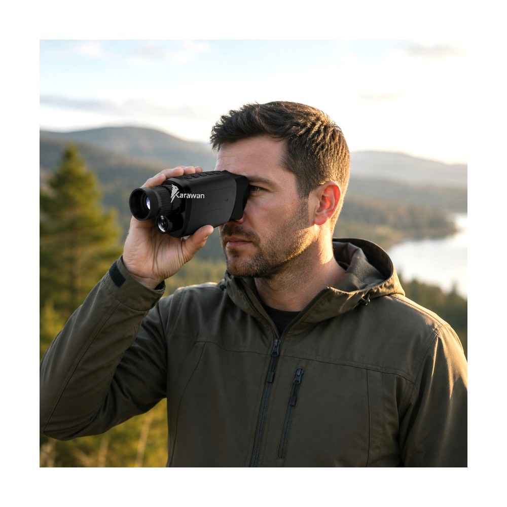 Hombre con binoculares mira paisaje con lago y árboles.