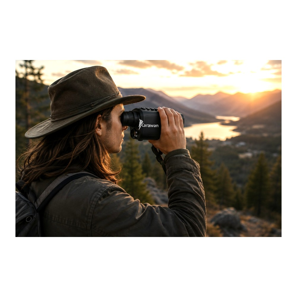 Hombre con sombrero mira por binoculares atardecer sobre lago.