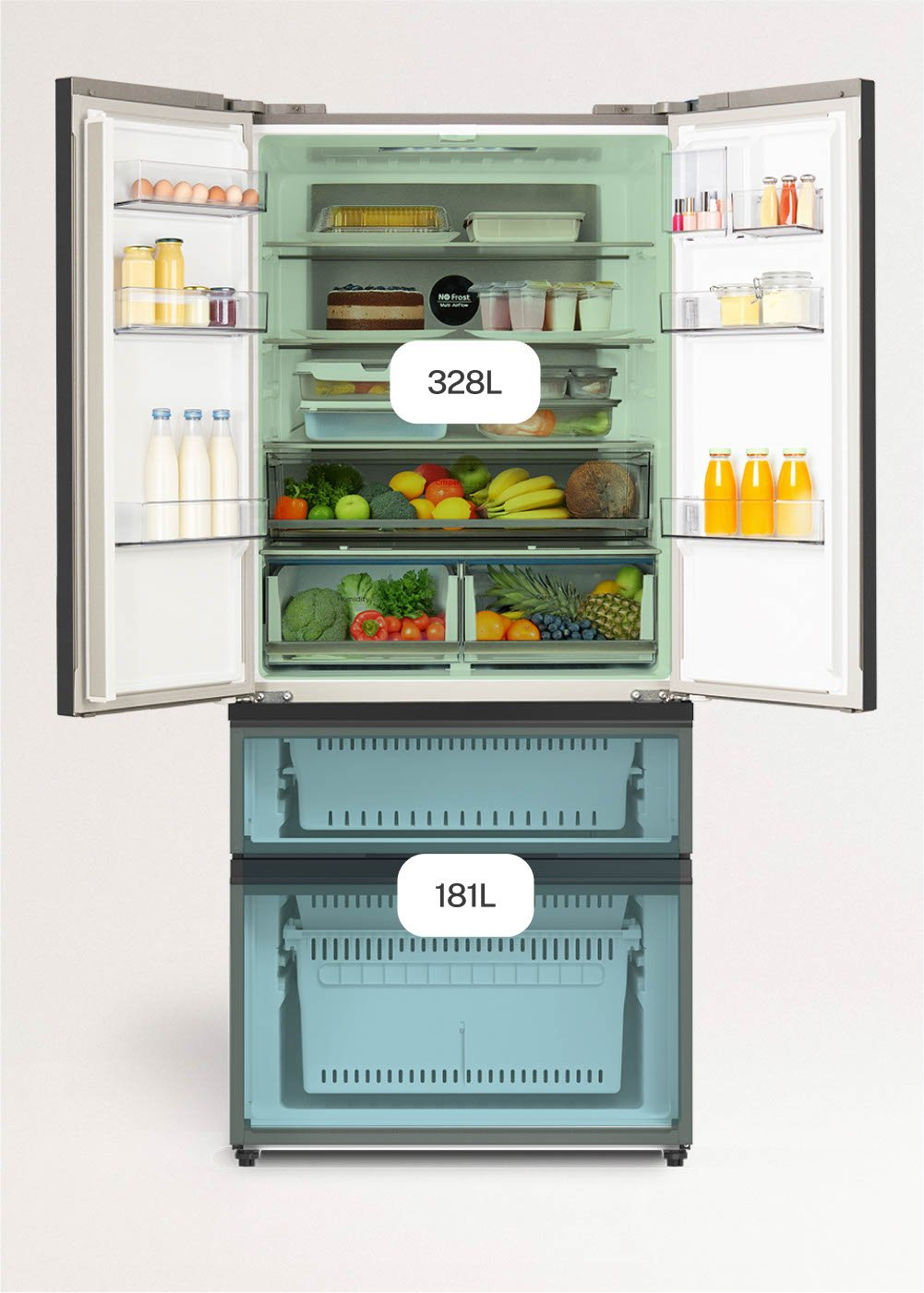 Un refrigerador abierto lleno de comida y cajones congeladores.
