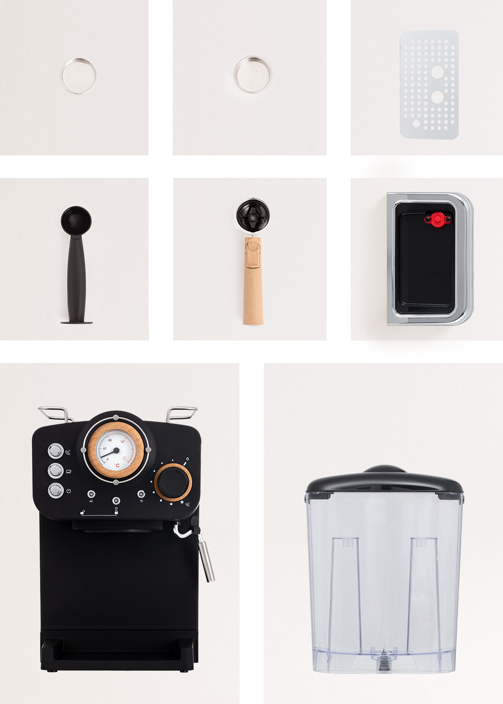 Máquina de espresso negra con medidor, controles y portafiltro, más un tanque de agua transparente.