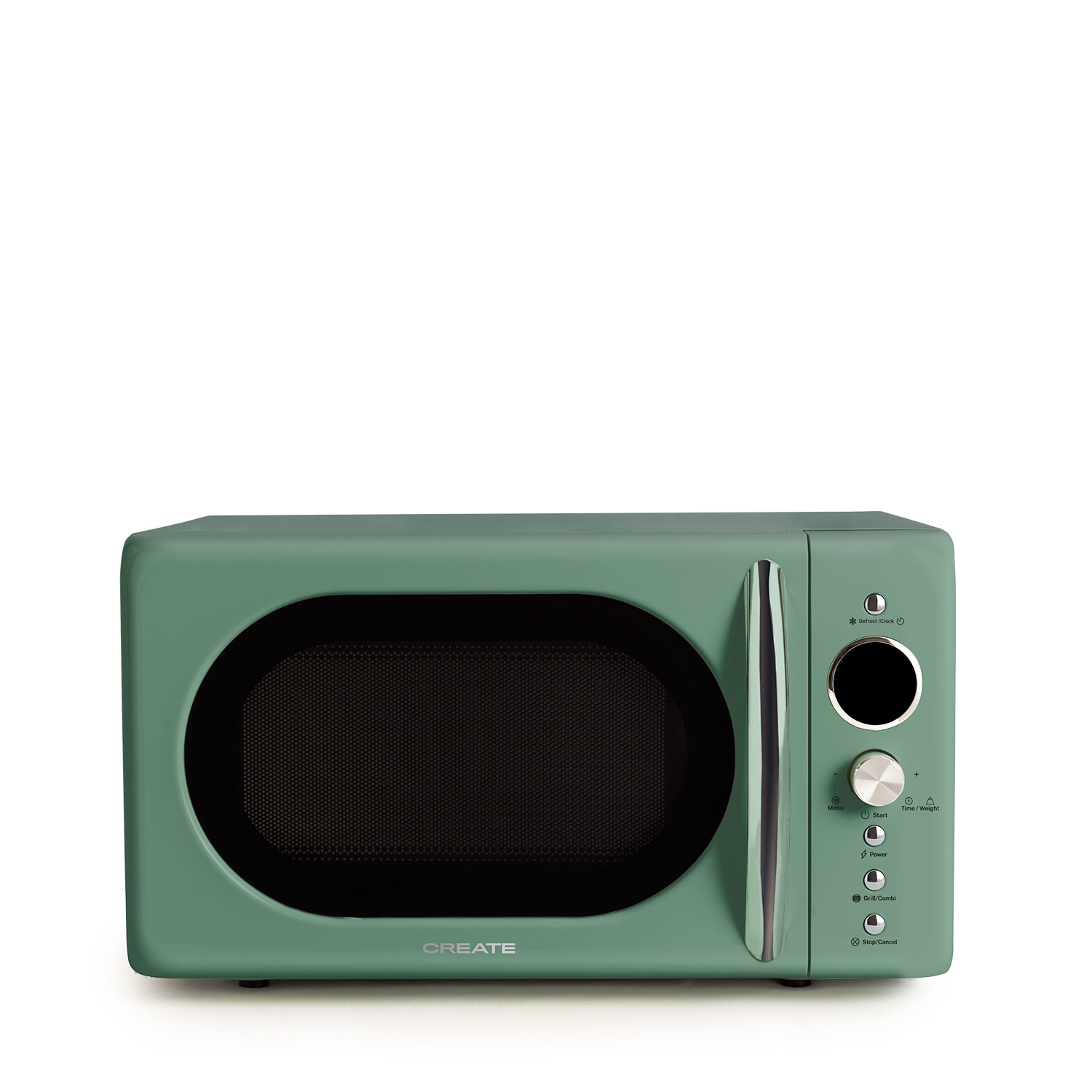 Un microondas retro verde con asa plateada y panel de control.