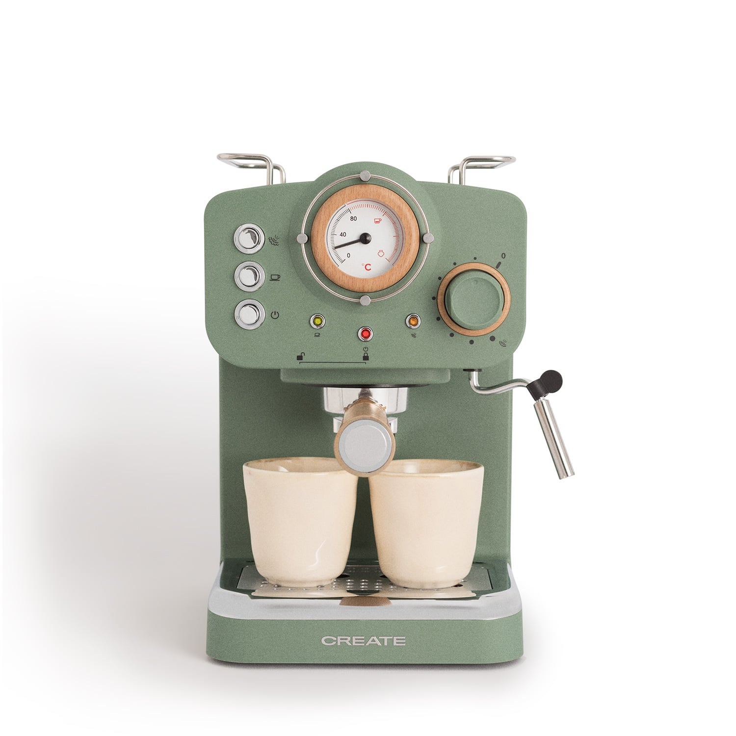 Máquina de espresso verde con dos tazas y un manómetro.