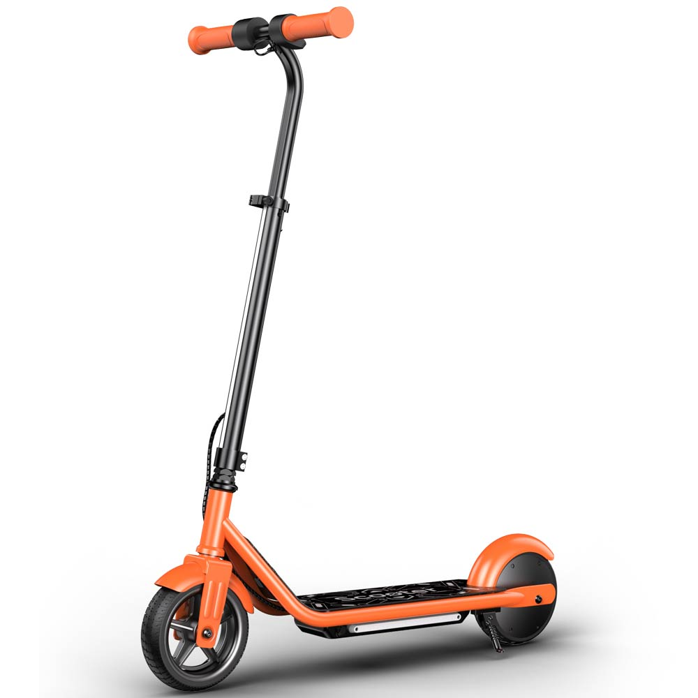 Uno scooter elettrico arancione con manubrio e pedana neri, sfondo bianco.