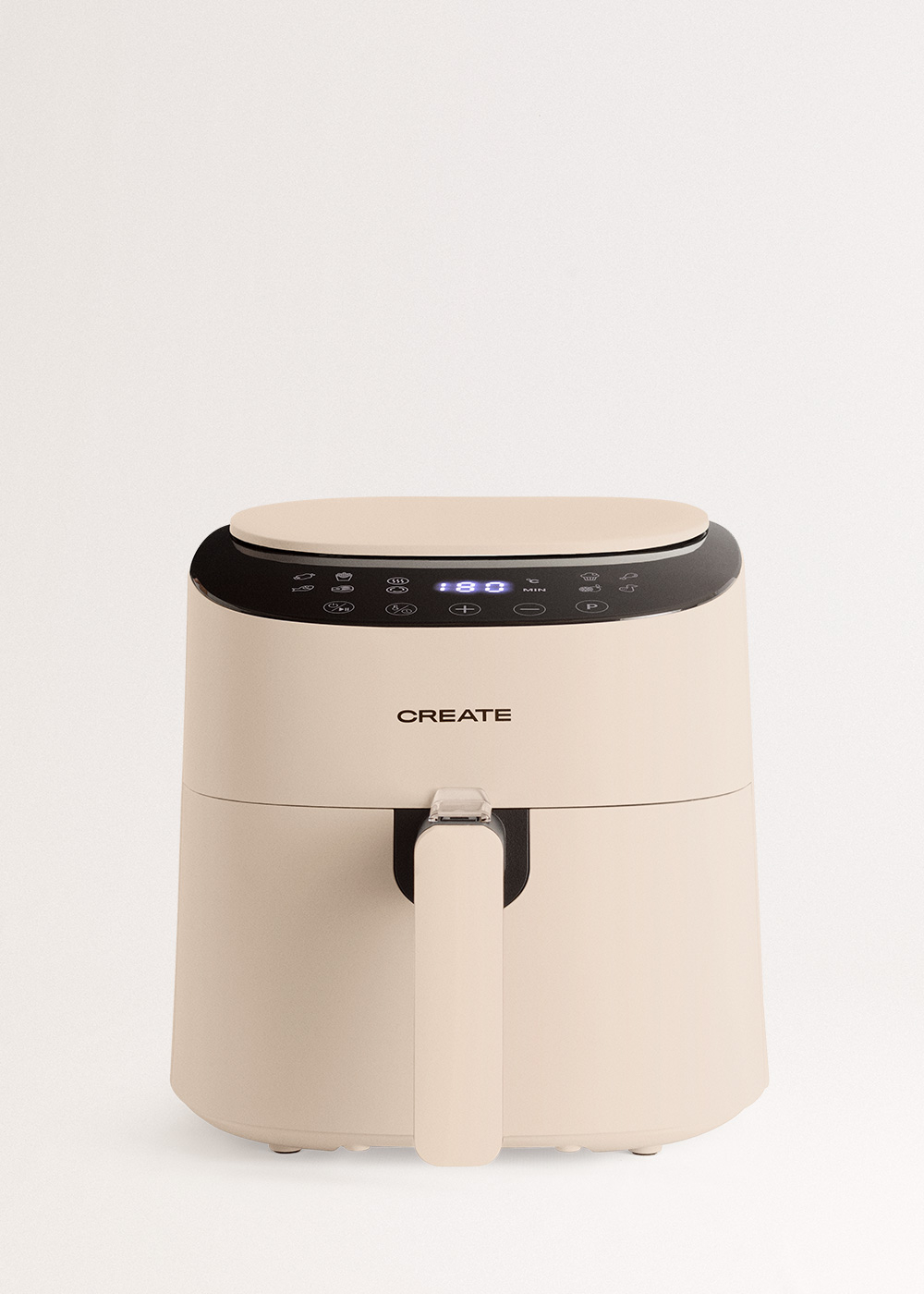 Una freidora de aire beige con pantalla digital y asa.