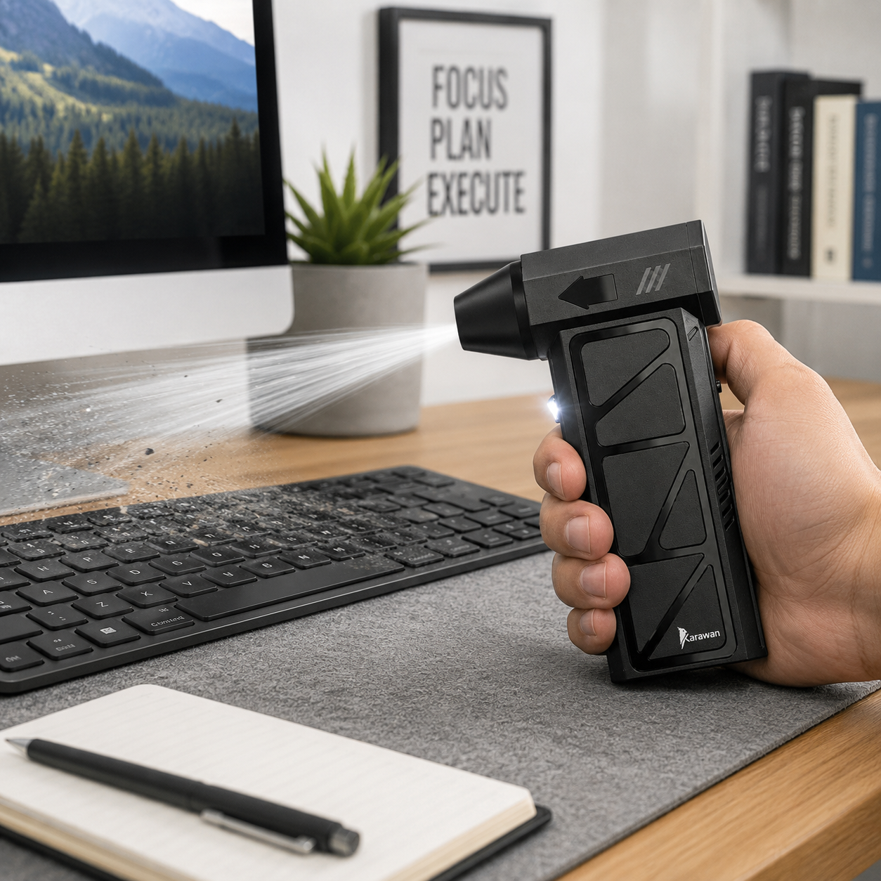 Un soplador de aire negro limpia un teclado en un escritorio.