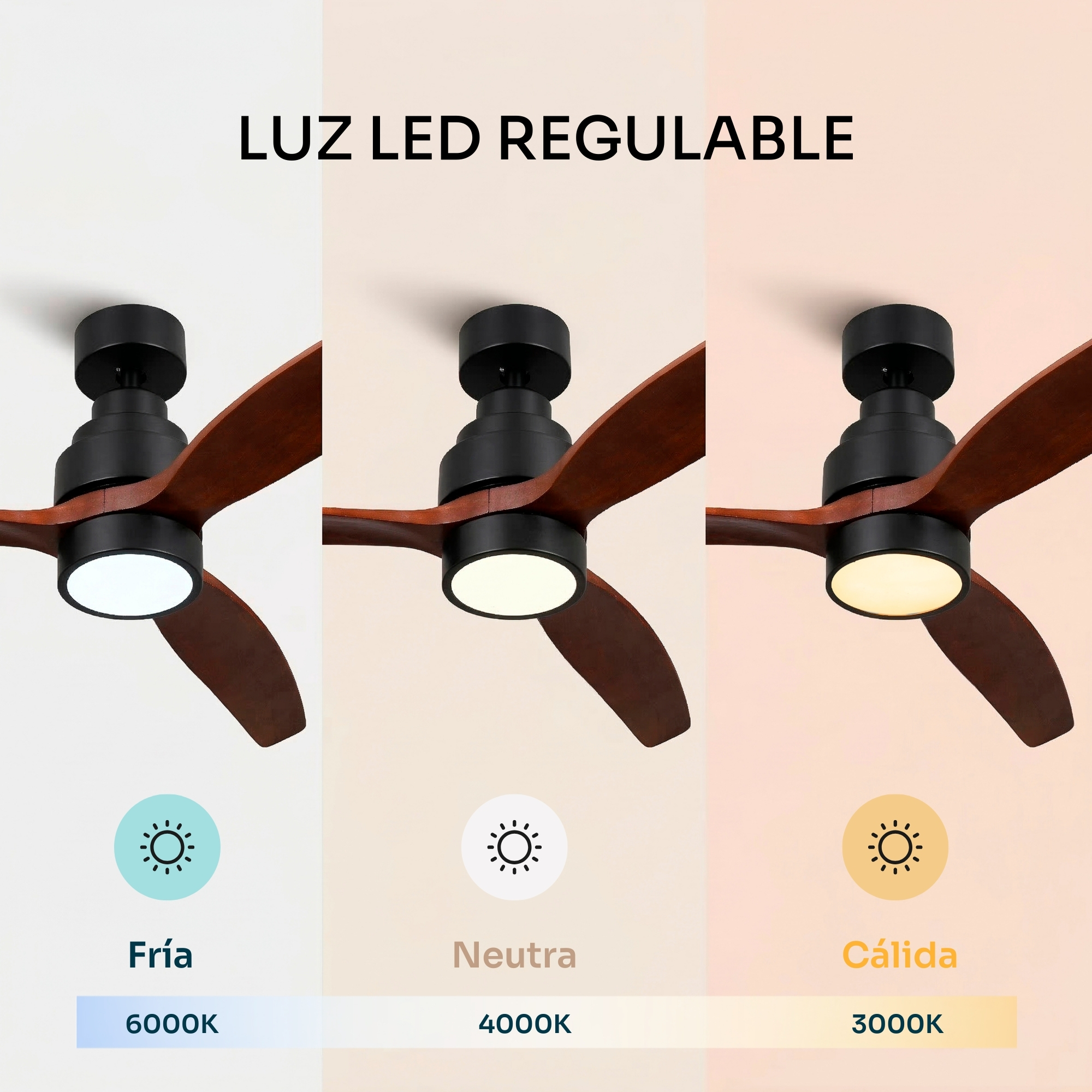 Ventilador de techo con tres aspas de madera y luz LED en tres temperaturas.