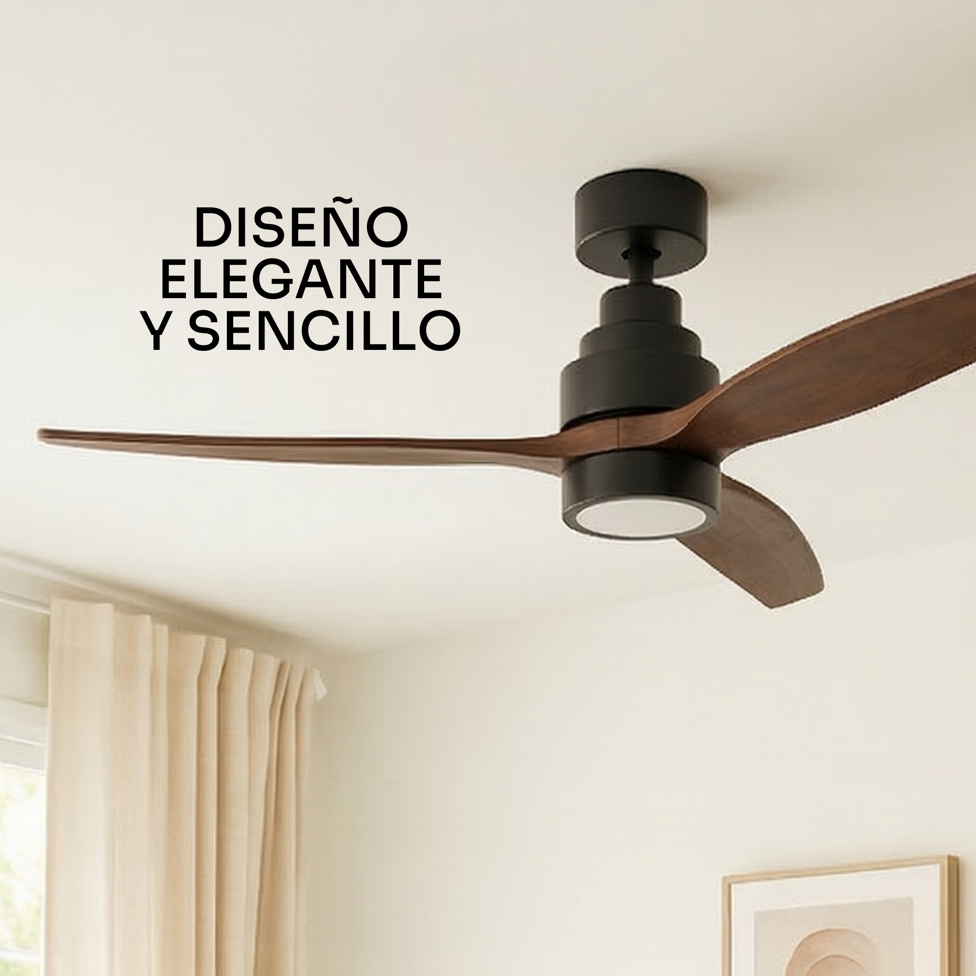 Ventilador de techo negro con aspas de madera y luz integrada.