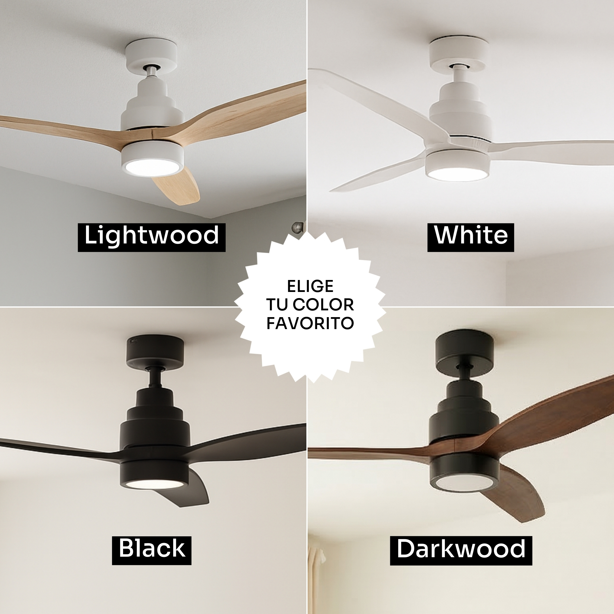 Cuatro ventiladores de techo en acabados de madera clara, blanca, negra y oscura.