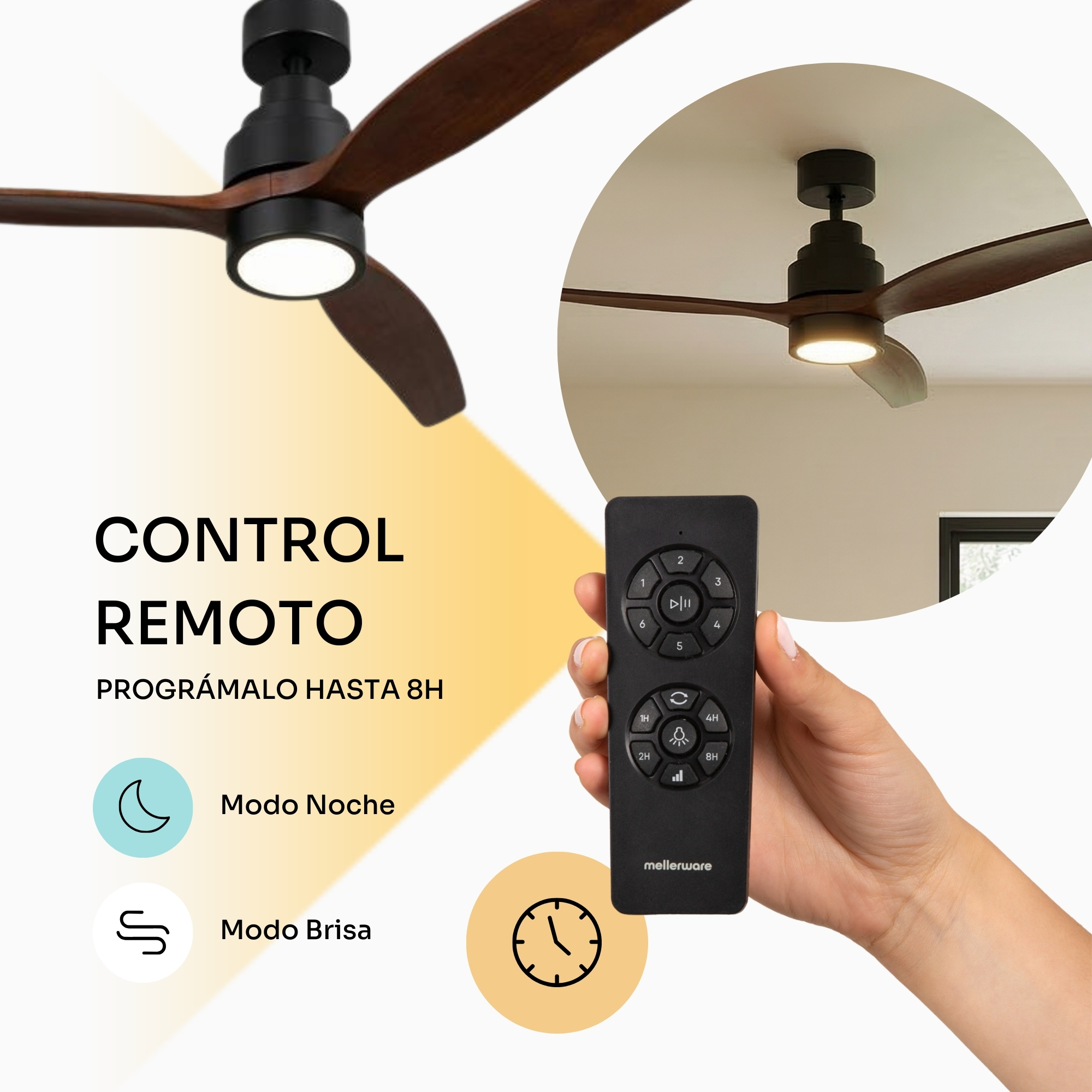 Ventilador de techo negro con aspas de madera, control remoto, modos noche y brisa.