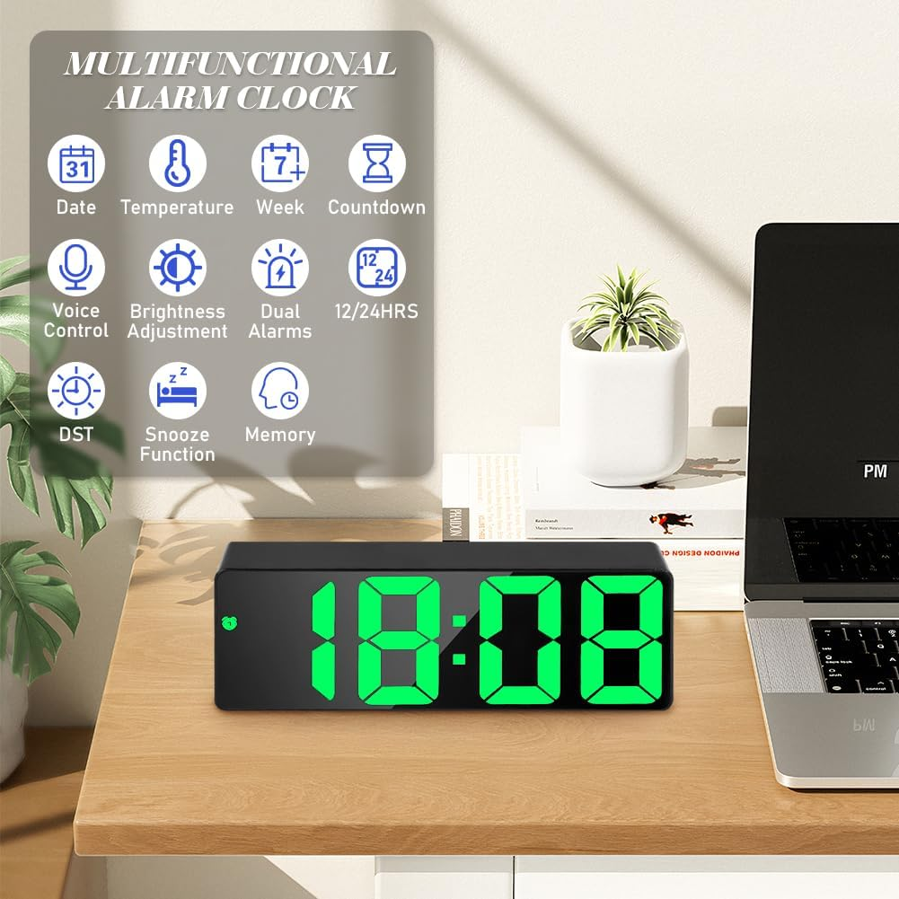 Ein digitaler Wecker mit grüner Anzeige zeigt 18:08. Oben sind Funktionen aufgelistet.