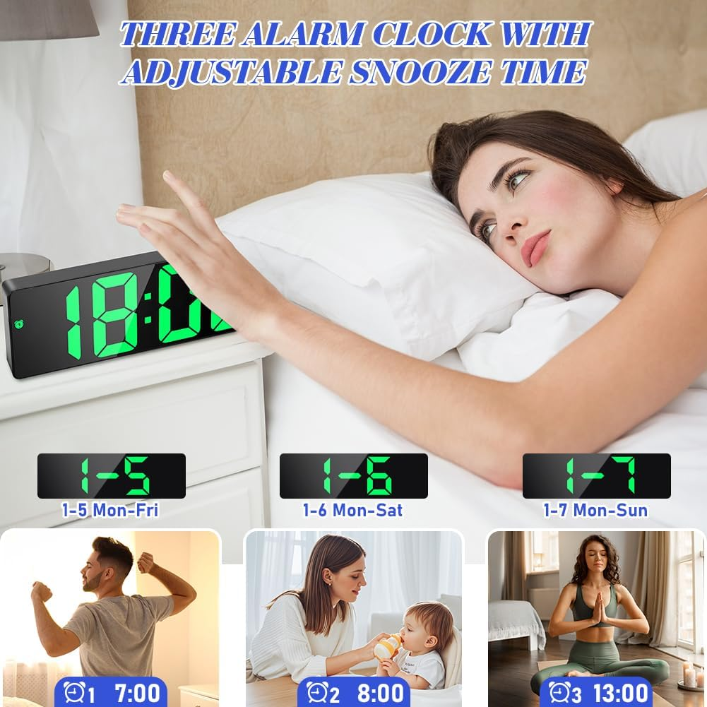 Drei digitale Wecker mit einstellbarer Schlummerzeit und Alltagsszenen.