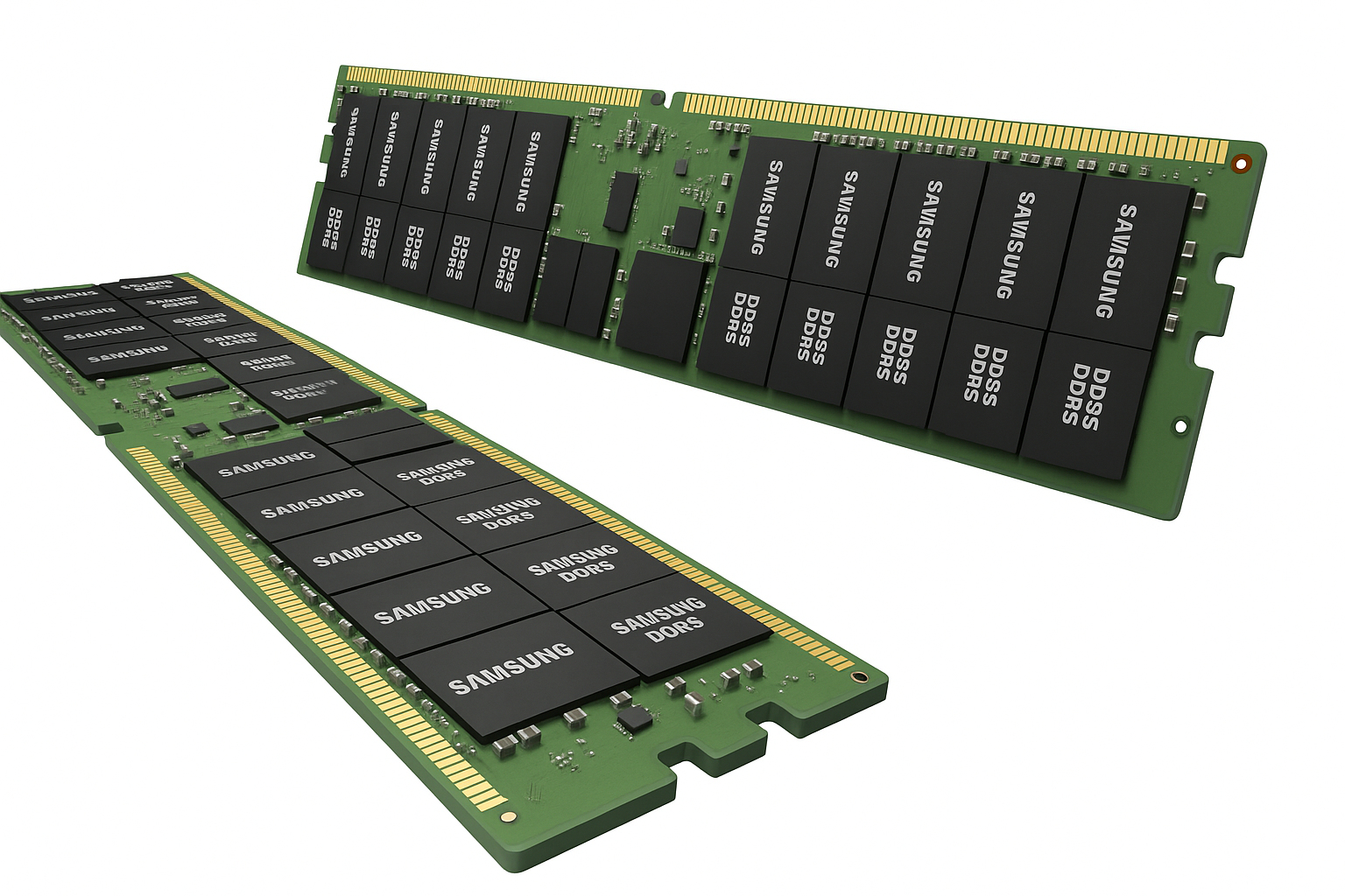 Zwei grüne Computer-RAM-Module mit schwarzen Chips, beschriftet mit Samsung DDR5.