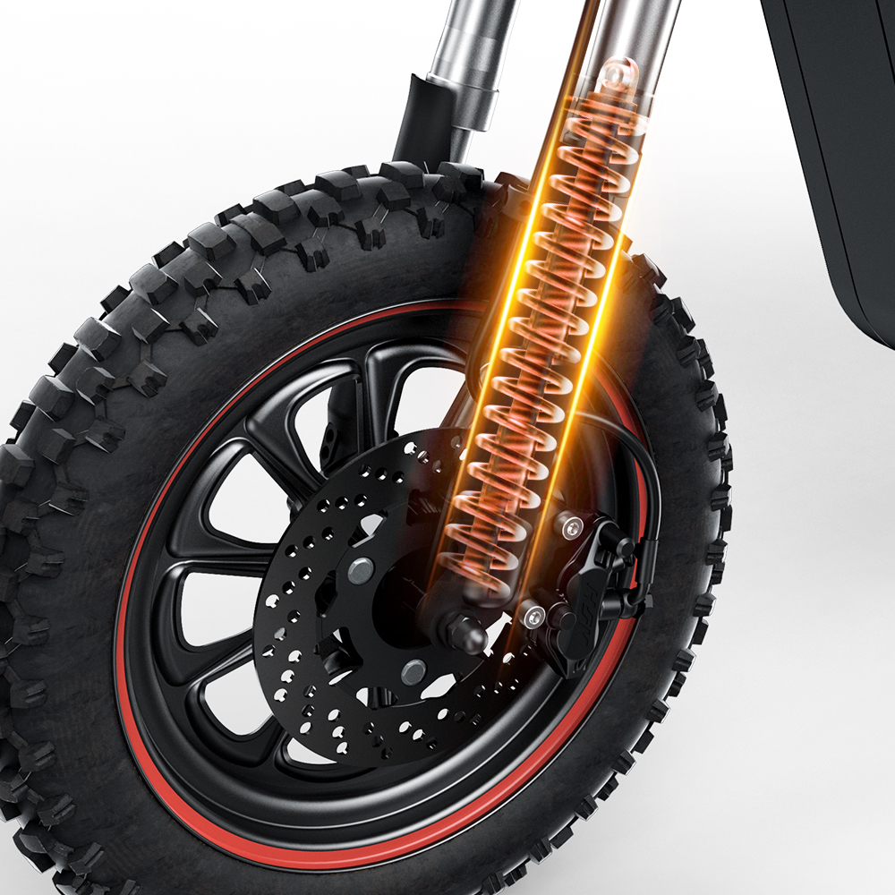 Primo piano della forcella ammortizzata di una moto con molla elicoidale luminosa.