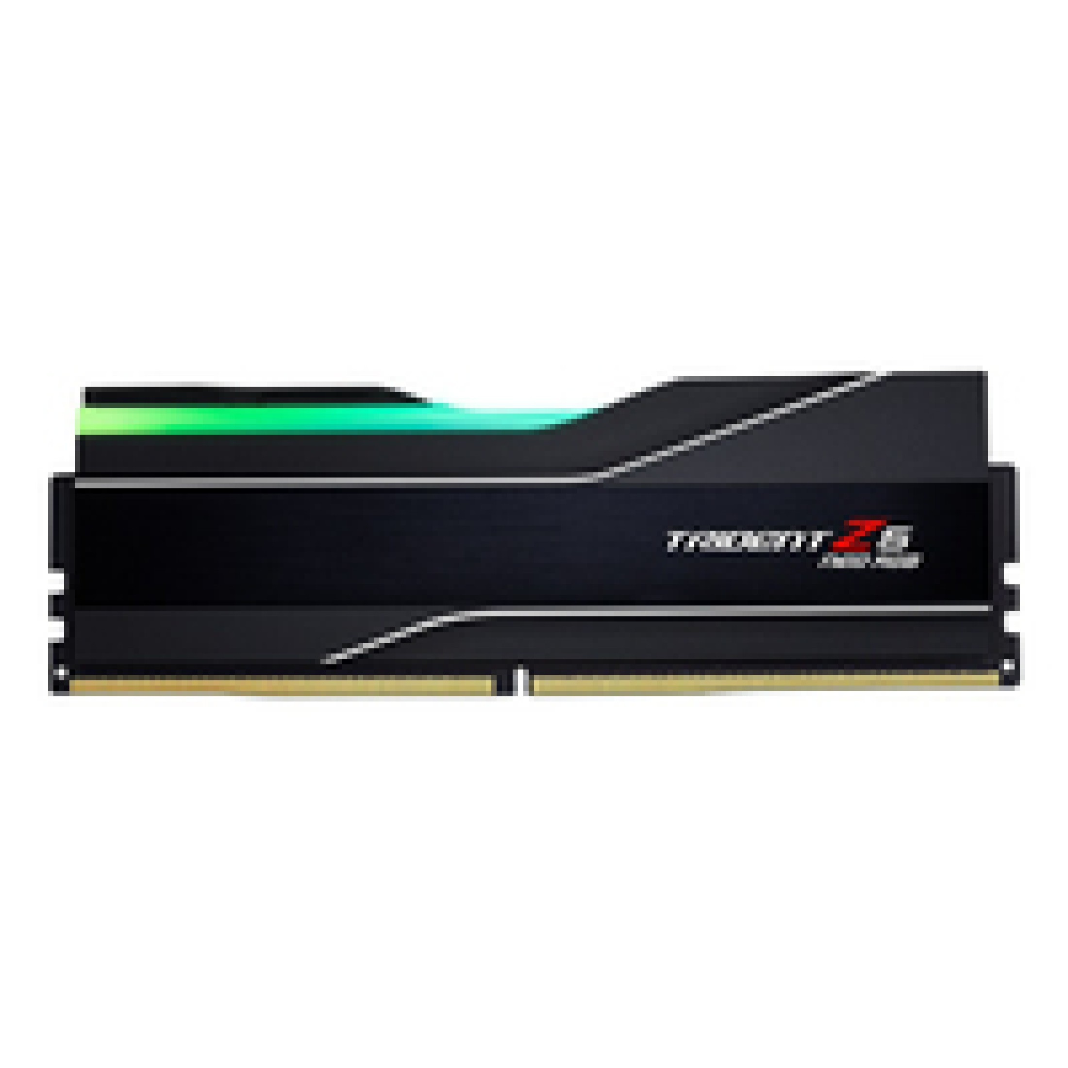 Un modulo RAM nero con illuminazione LED verde e logo rosso.