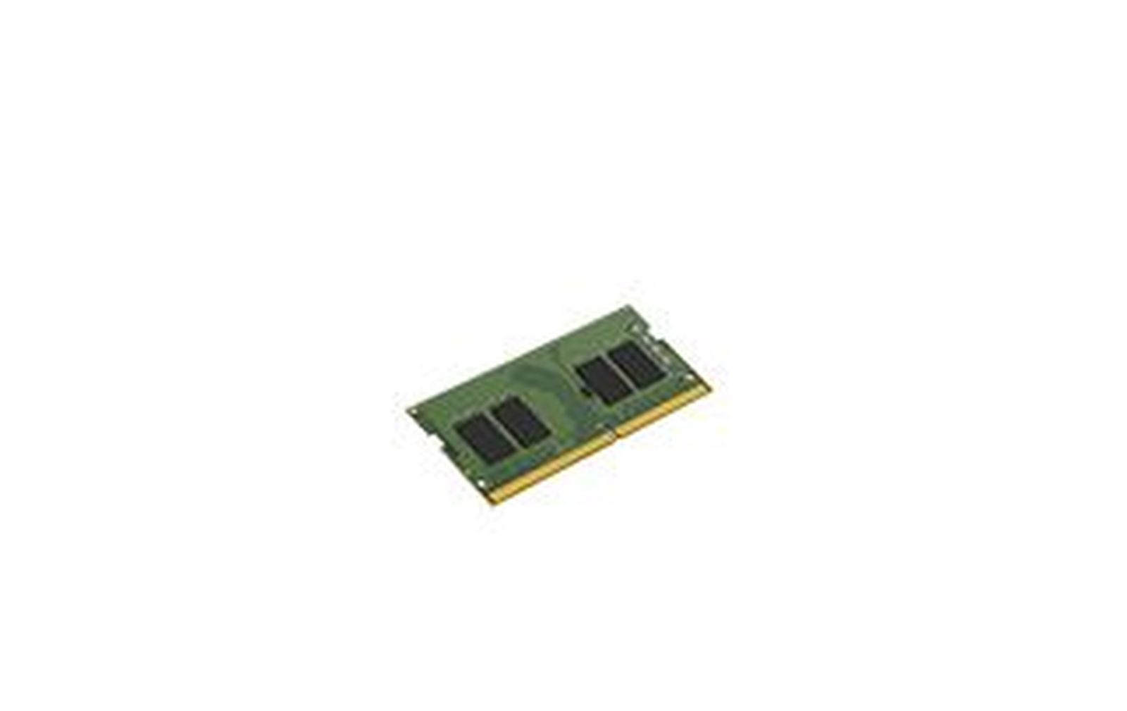 Un modulo RAM verde con contatti gialli giace su sfondo bianco.