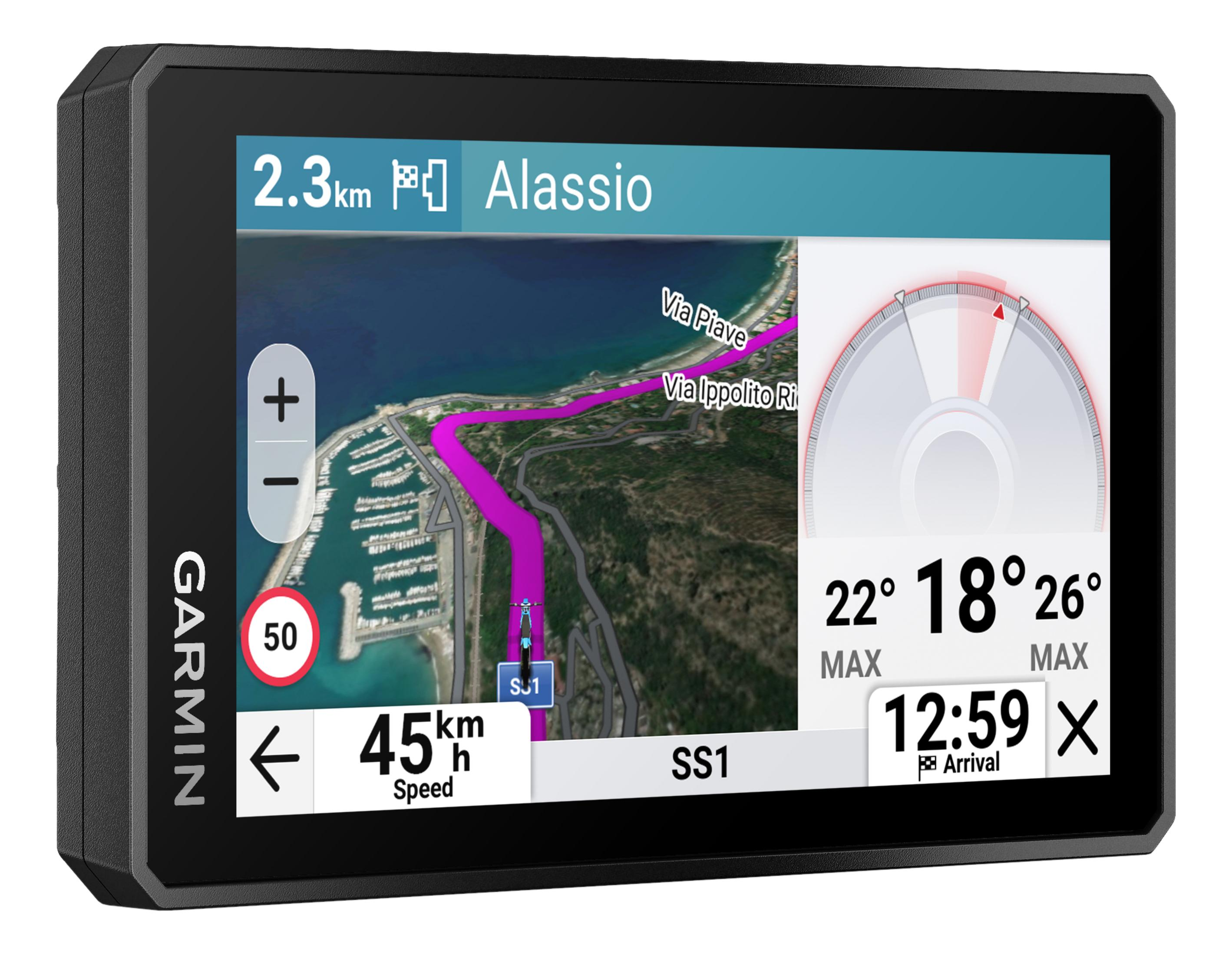 GPS Garmin mostra percorso per Alassio, temp 22°, arrivo 12:59.