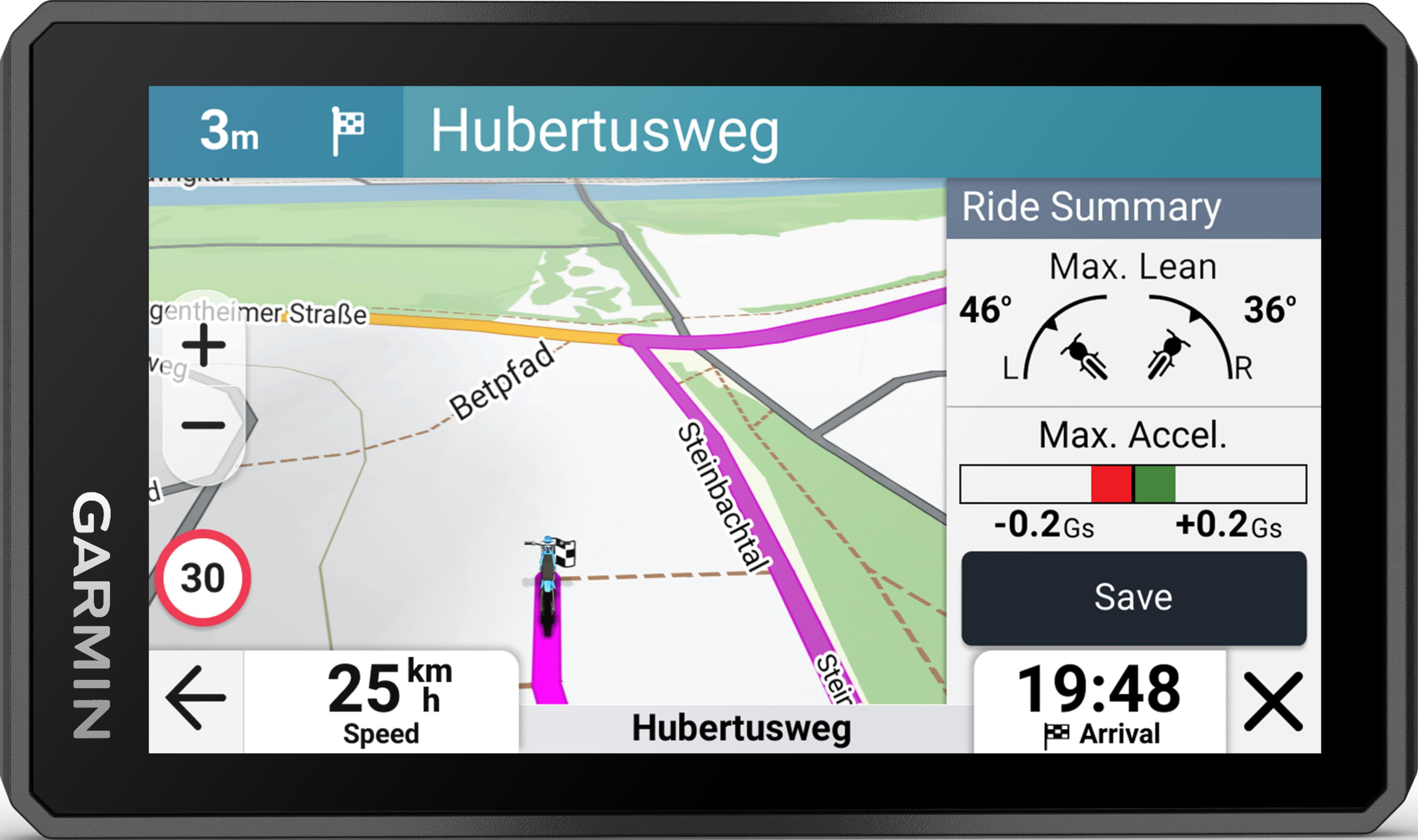Dispositivo Garmin che mostra un percorso ciclabile con velocità e riepilogo del giro.