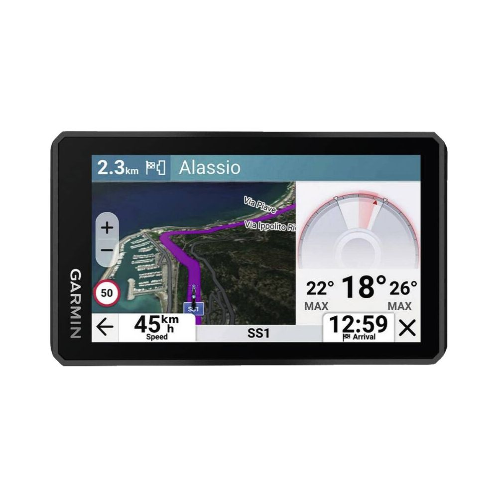 GPS Garmin mostra mappa per Alassio, velocità 45km/h, temp 22/18/26C, arrivo 12:59.
