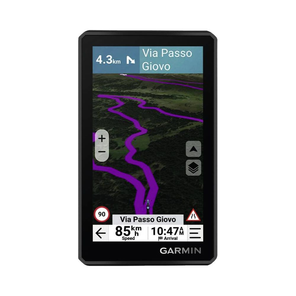 Un dispositivo di navigazione Garmin mostra un percorso viola su una mappa, a 4,3 km.