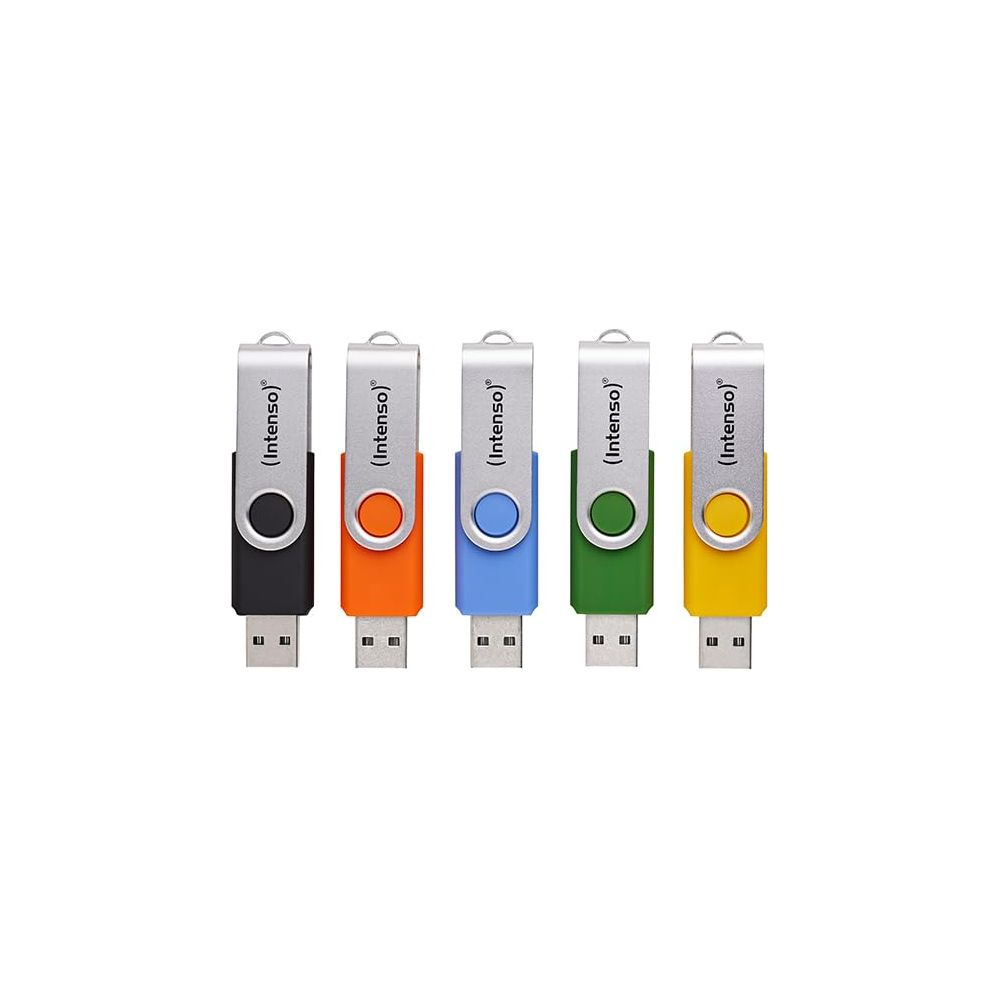 Cinque chiavette USB nere, arancioni, blu, verdi e gialle una accanto all'altra.