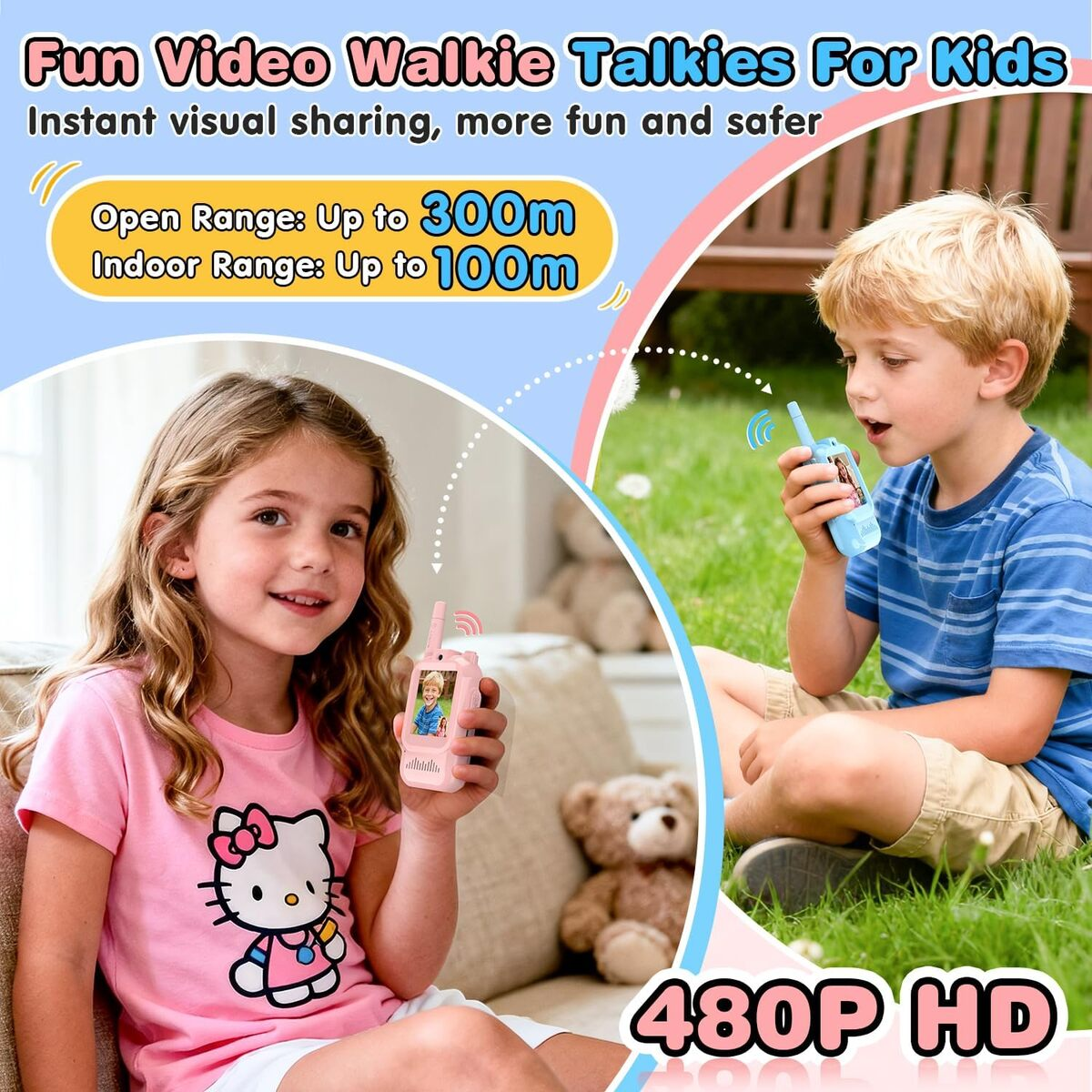 Dos niños usando walkie-talkies rosa y azul, uno adentro, uno afuera. Divertidos walkie-talkies de video.