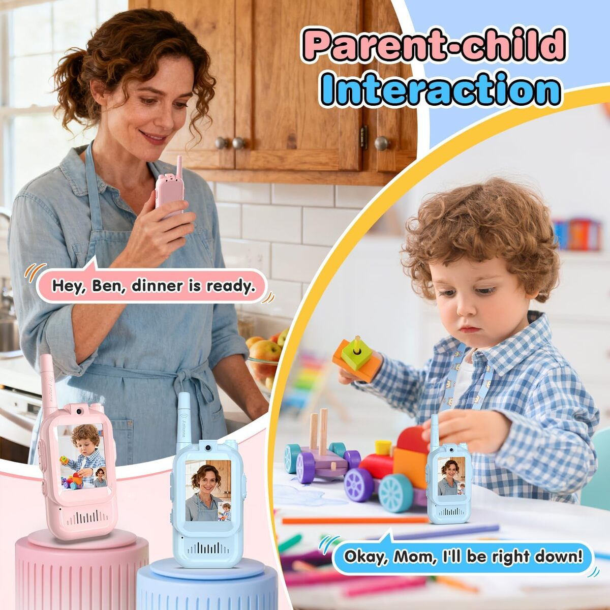 Madre y niño interactúan usando walkie-talkies. Se ven dos walkie-talkies.