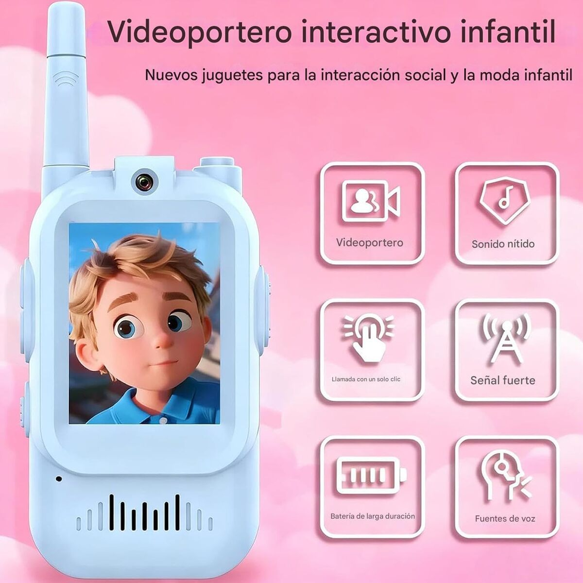 Un walkie-talkie de video infantil azul claro con niño de dibujos animados en pantalla.