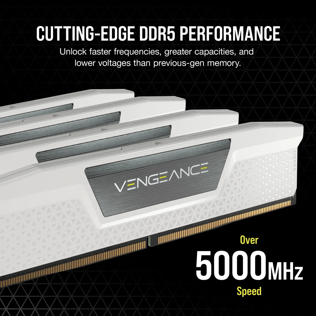 Banchi RAM DDR5 bianchi Vengeance, velocità oltre 5000 MHz.