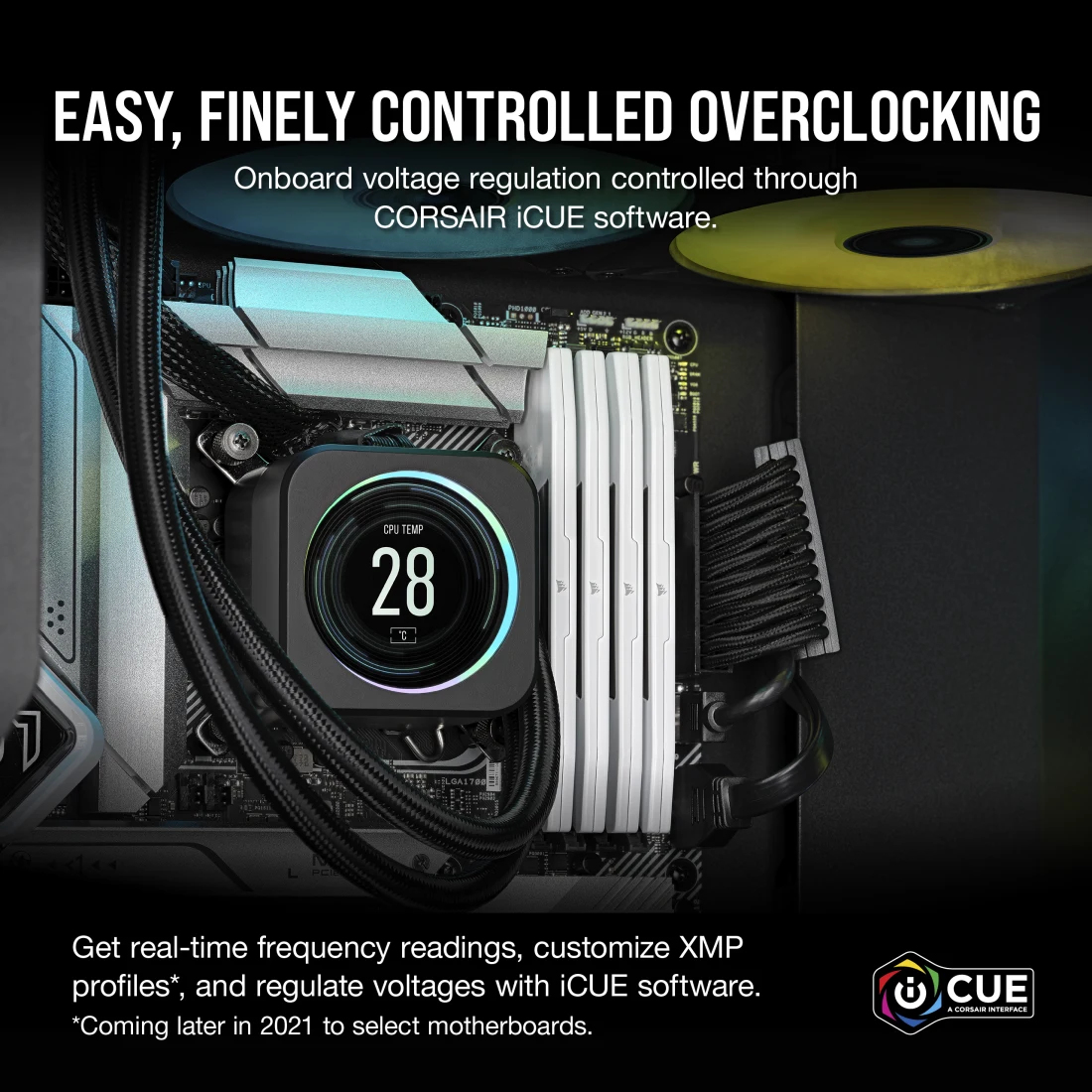 Un dissipatore CPU per computer con display digitale, montato su una scheda madre con RAM.