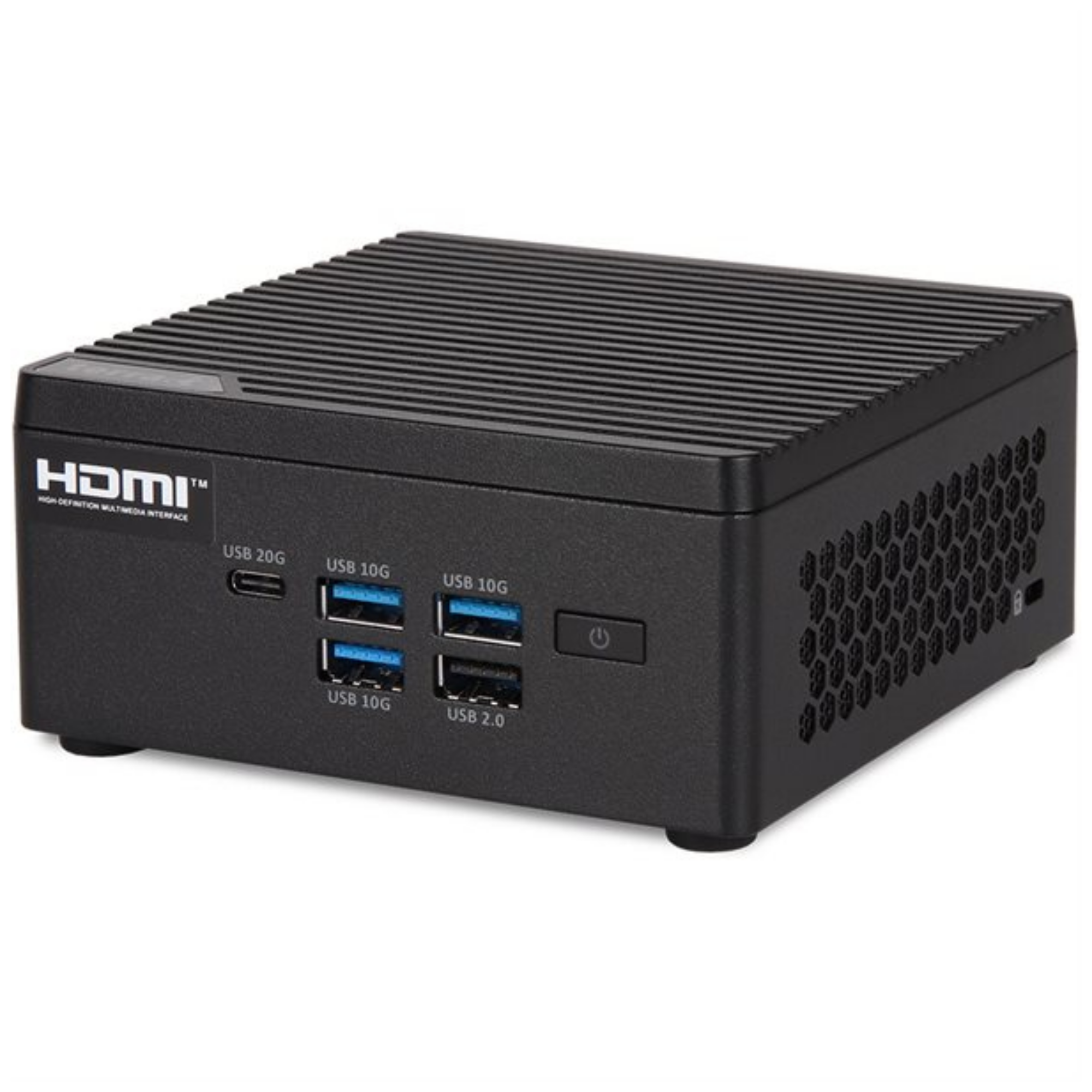Mini PC nero con logo HDMI, porte USB (20G, 10G, 2.0) e pulsante di accensione.