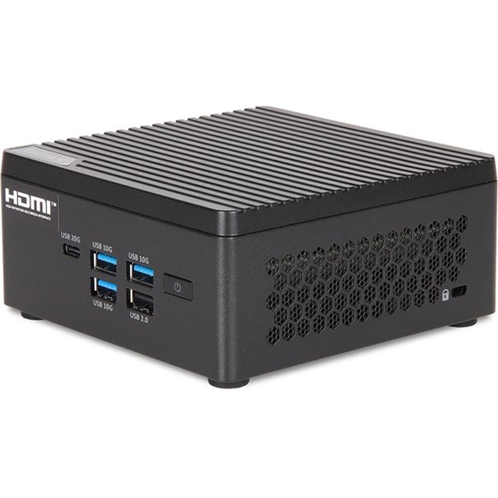 Un mini PC nero con porta HDMI e diverse porte USB.