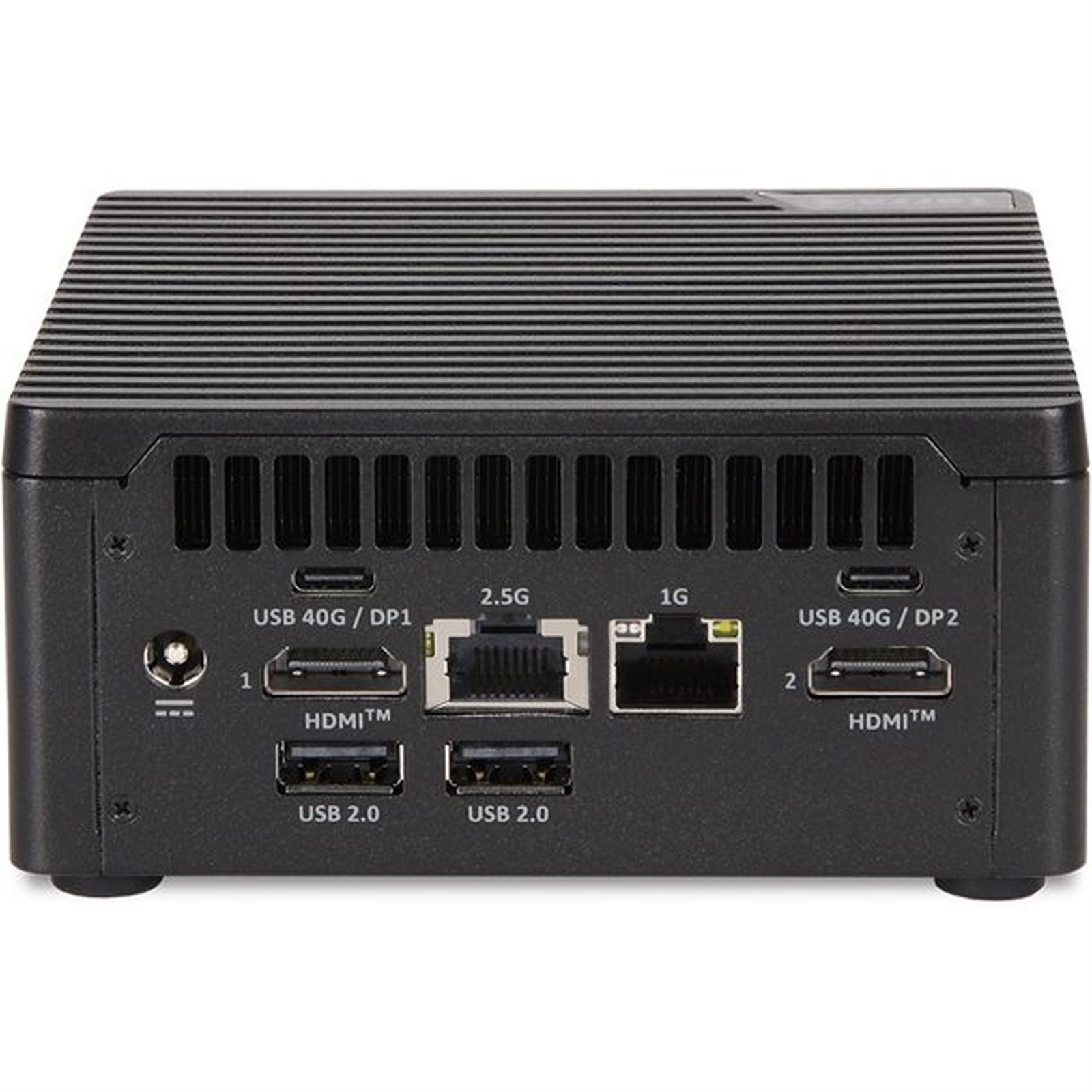 Mini PC nero con porte: 2x USB 40G/DP, 2x HDMI, 2x USB 2.0, Ethernet 2.5G e 1G.