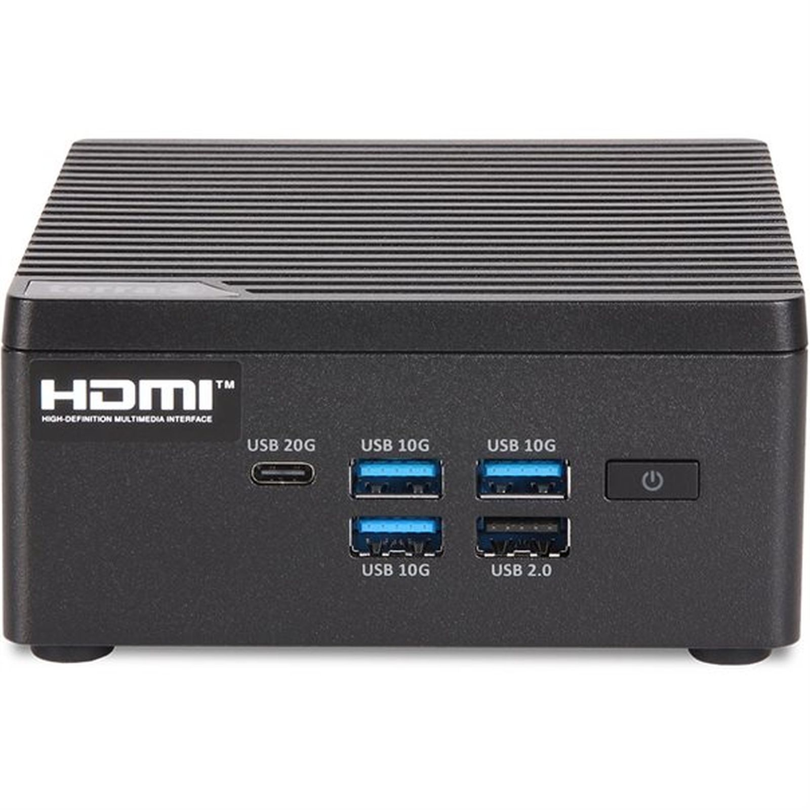 Mini PC nero con logo HDMI, porte USB e pulsante di accensione frontale.