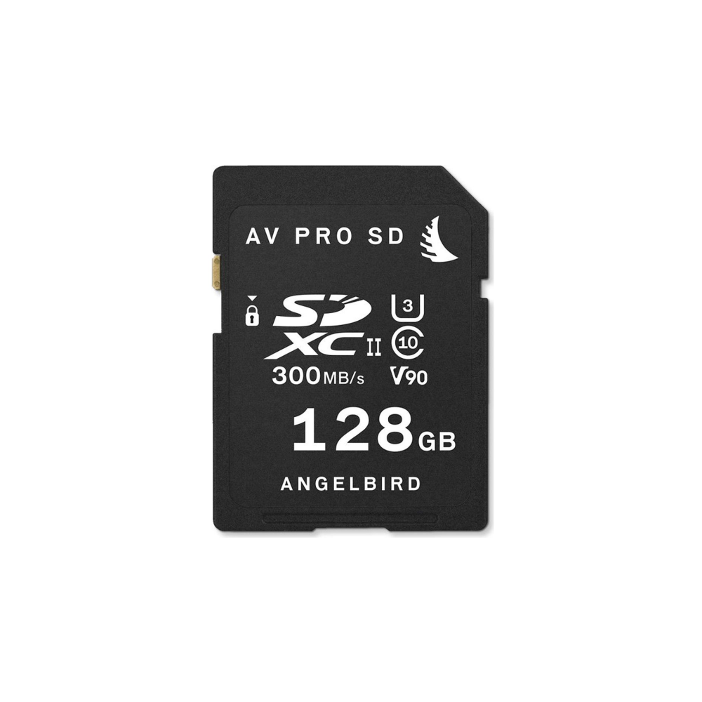 Schwarze Angelbird AV PRO SDXC II 128GB Speicherkarte mit weißem Text und Logos.