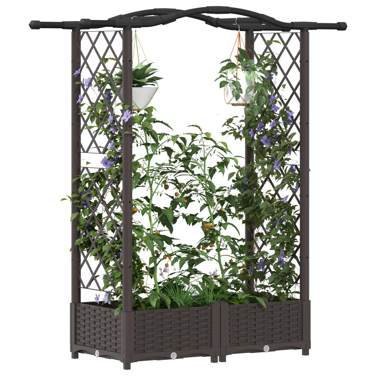 Ein dunkles Rankgitter mit Pflanzen und Blumen, das auf einem rechteckigen Kasten steht.