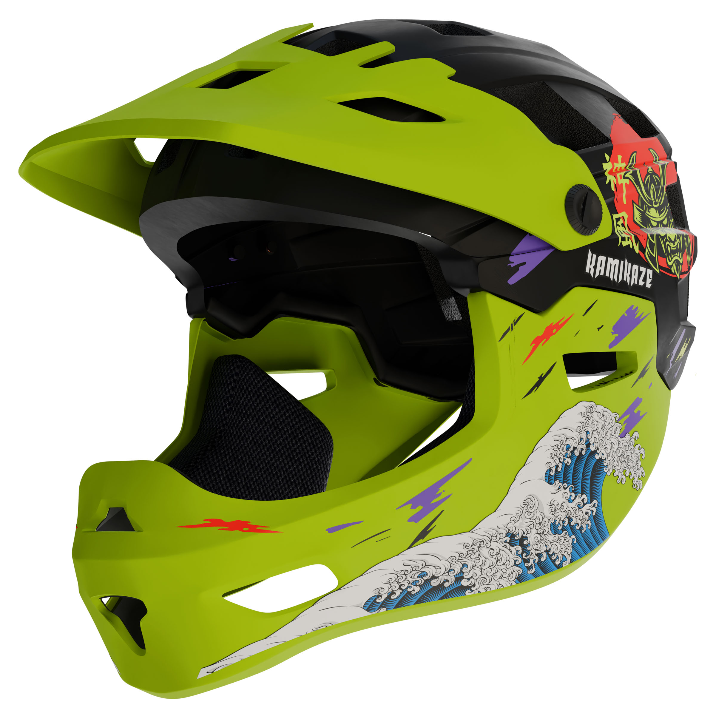 Casco integrale verde brillante con dettagli neri e motivo a onde.