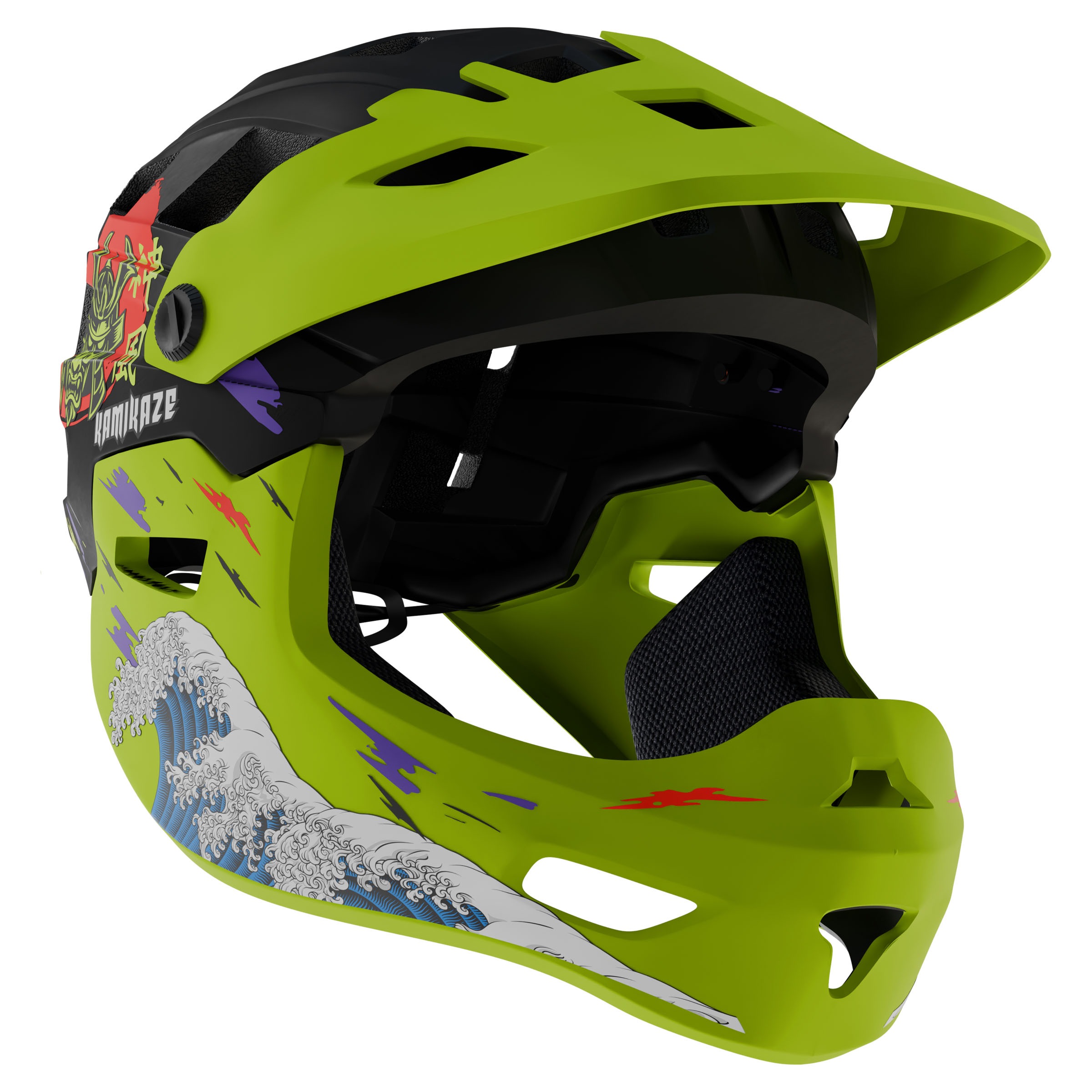 Casco verde brillante con visiera nera e motivo a onde.
