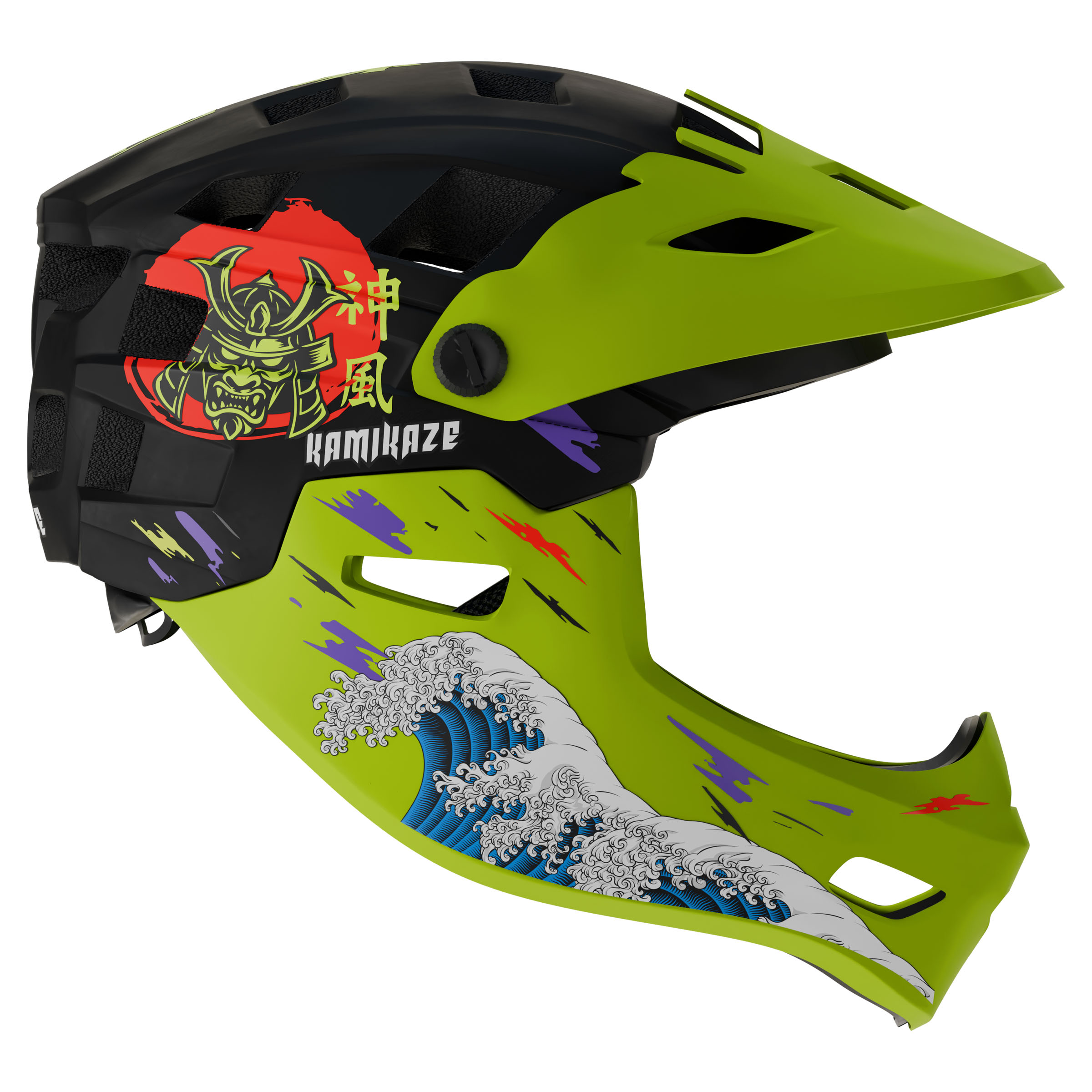 Casco verde brillante con design nero, raffigurante un samurai e un'onda.
