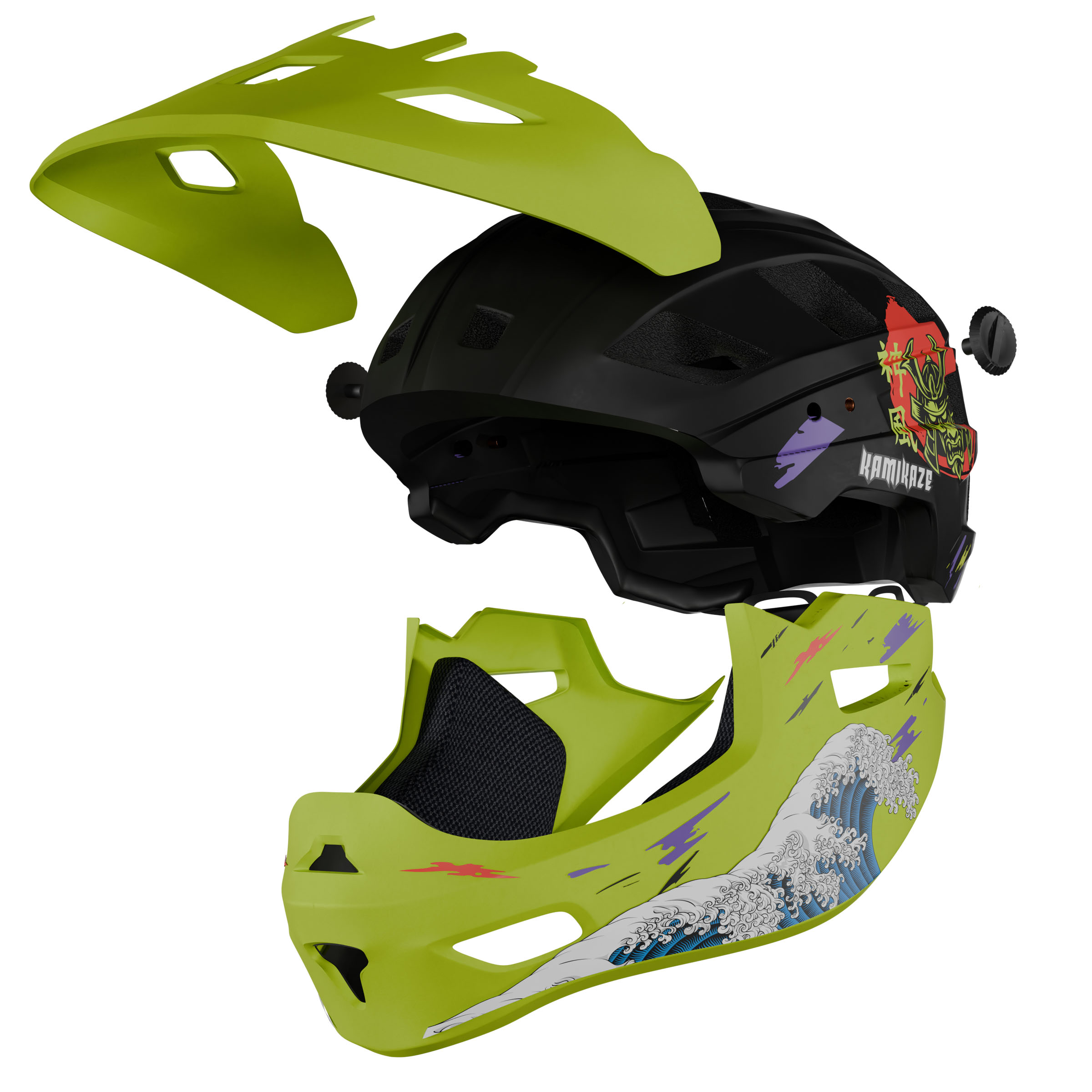 Casco smontato con parte superiore nera, visiere gialle e grafica a onde.