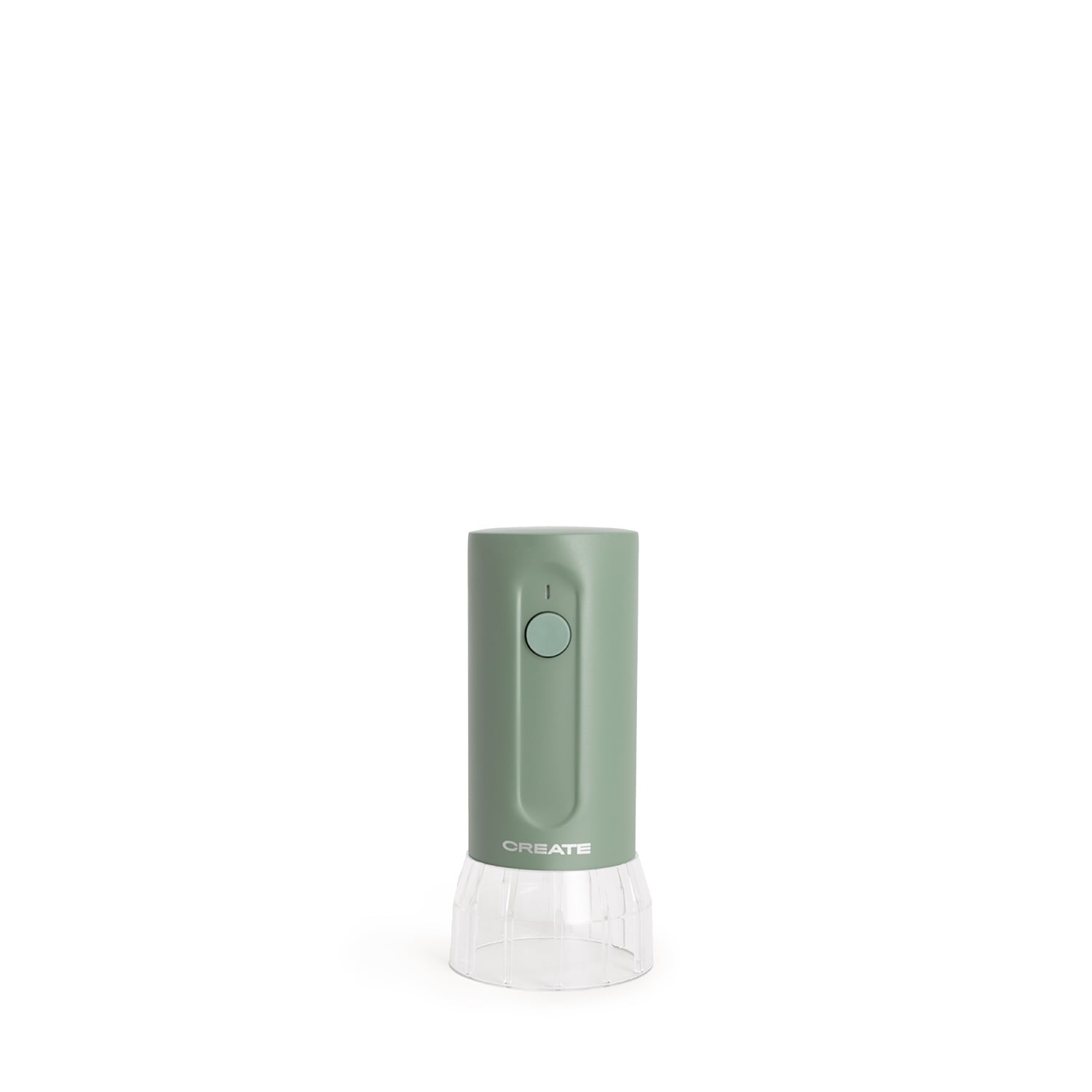 Molino de pimienta eléctrico verde con recipiente transparente y botón.